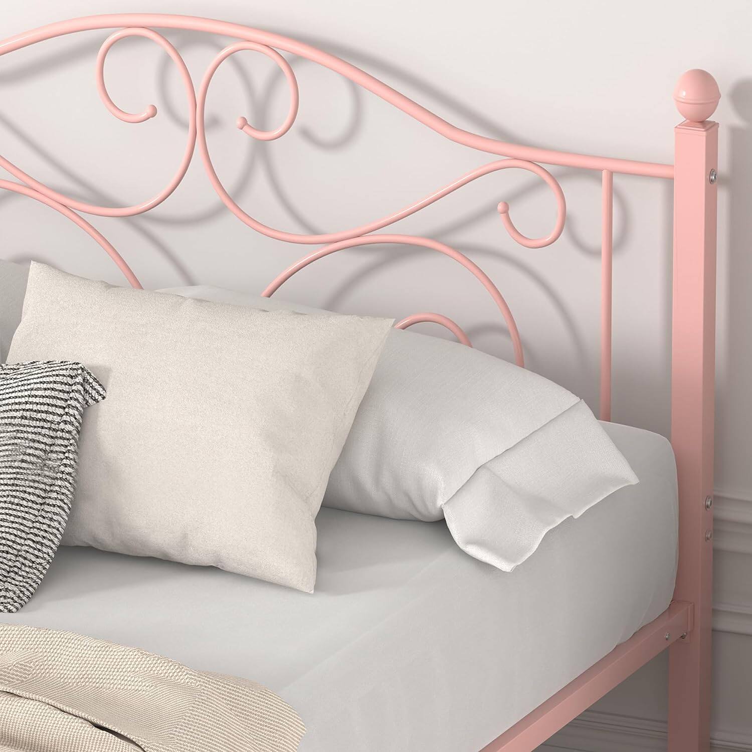 Back. Vecelo - Full Metal Bed Frame with Headboard & Footboard, Heavy Duty Steel Slats - No Box Spring, Easy Assembly,Pink - Pink.