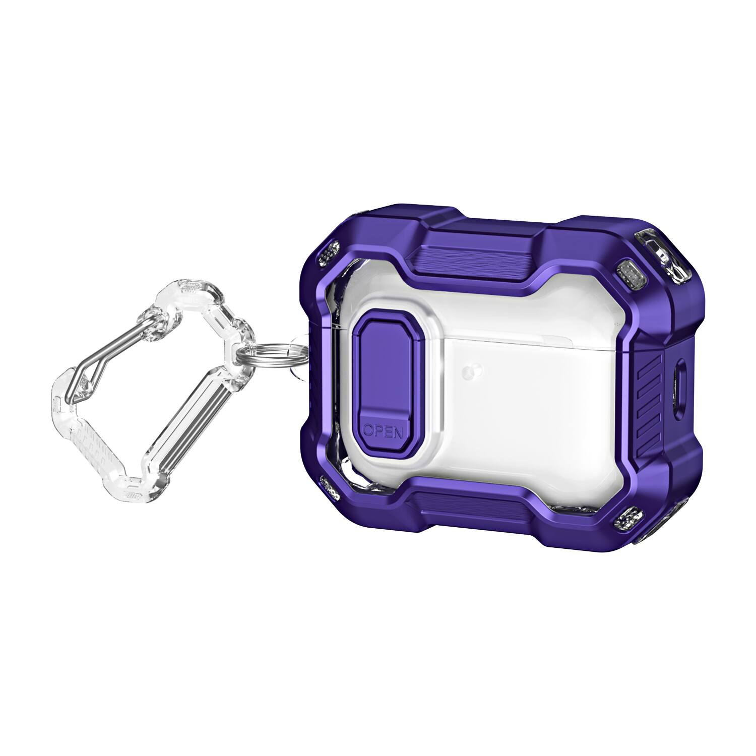 Angle. UUCOVER - Rugged Protective Case for Apple Airpods Pro 2nd Gen (2022) with Lock and Carabiner Shockproof PC Clear Cover - Purple.