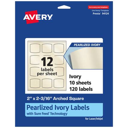 Go to avery.com/templates
AVERY
Use Avery Template Presta® 94124
PEARLIZED IVORY
12 labels per sheet
Ivory 10 sheets 120 labels
2" x 2-3/16" Arched Square Pearlized Ivory Labels with Sure Feed Technology for Laser/Inkjet