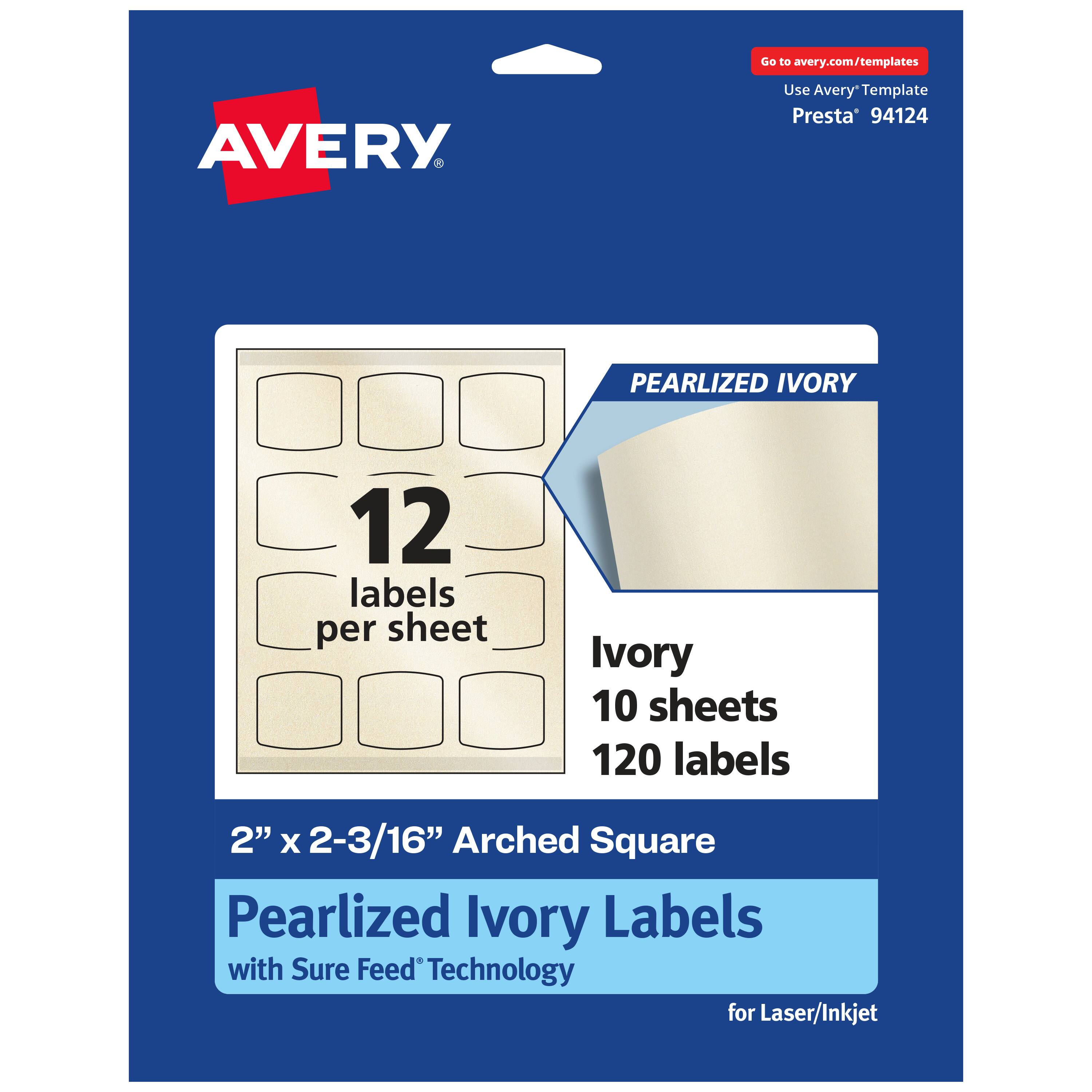 Go to avery.com/templates  
AVERY  
Use Avery Template Presta® 94124  

PEARLIZED IVORY  
12 labels per sheet  
Ivory 10 sheets 120 labels  
2" x 2-3/16" Arched Square Pearlized Ivory Labels with Sure Feed Technology for Laser/Inkjet