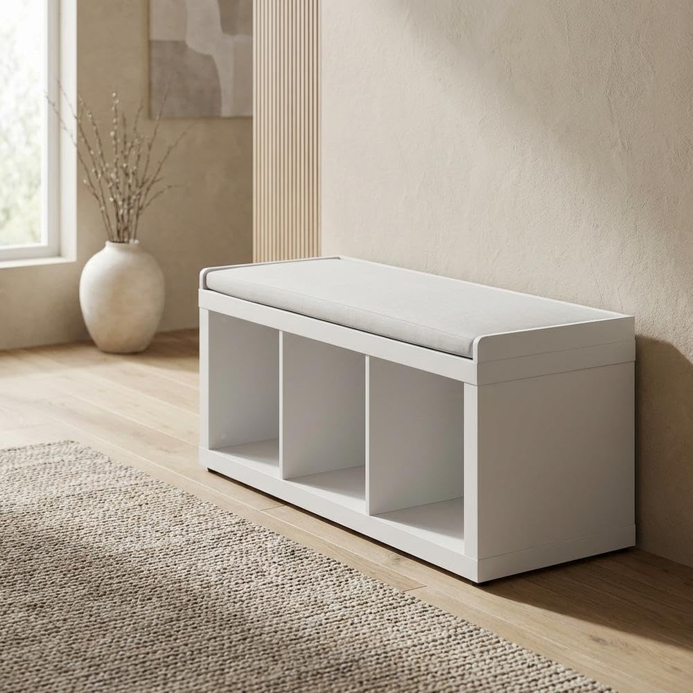 Angle. FurniFact - 3-Cube Storage Bench, Cushioned Seat, Open Compartments, Entryway Bench - White.