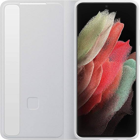 Left. Samsung - Samsung S View Flip cover for Galaxy S21 Ultra 5G | Color: Light Gray - Light Gray.