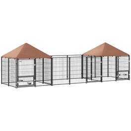 Pawhut - Dog Kennel Outside with 2 Rooms, Large Run, Rotating Bowls, Waterproof Canopy, Welded Wire, 16.2'x4.7'x5.1'