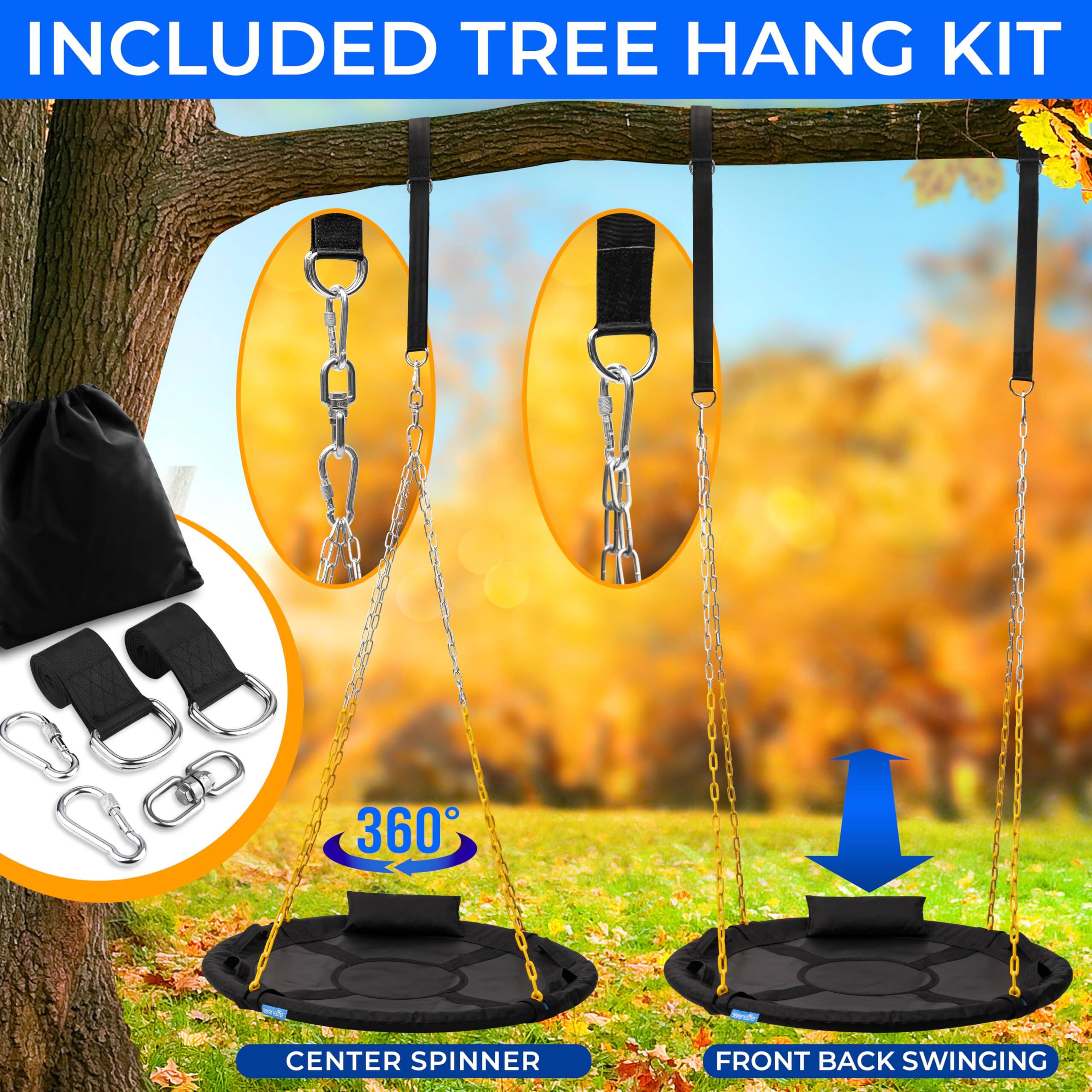 INCLUDED TREE HANG KIT

360° CENTER SPINNER

FRONT BACK SWINGING