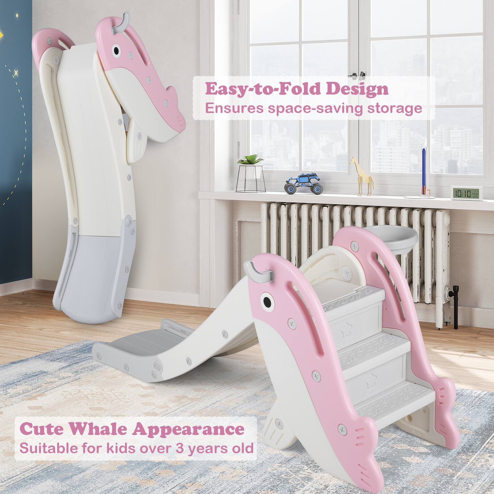 Easy-to-Fold Design Ensures space-saving storage  
Cute Whale Appearance Suitable for kids over 3 years old