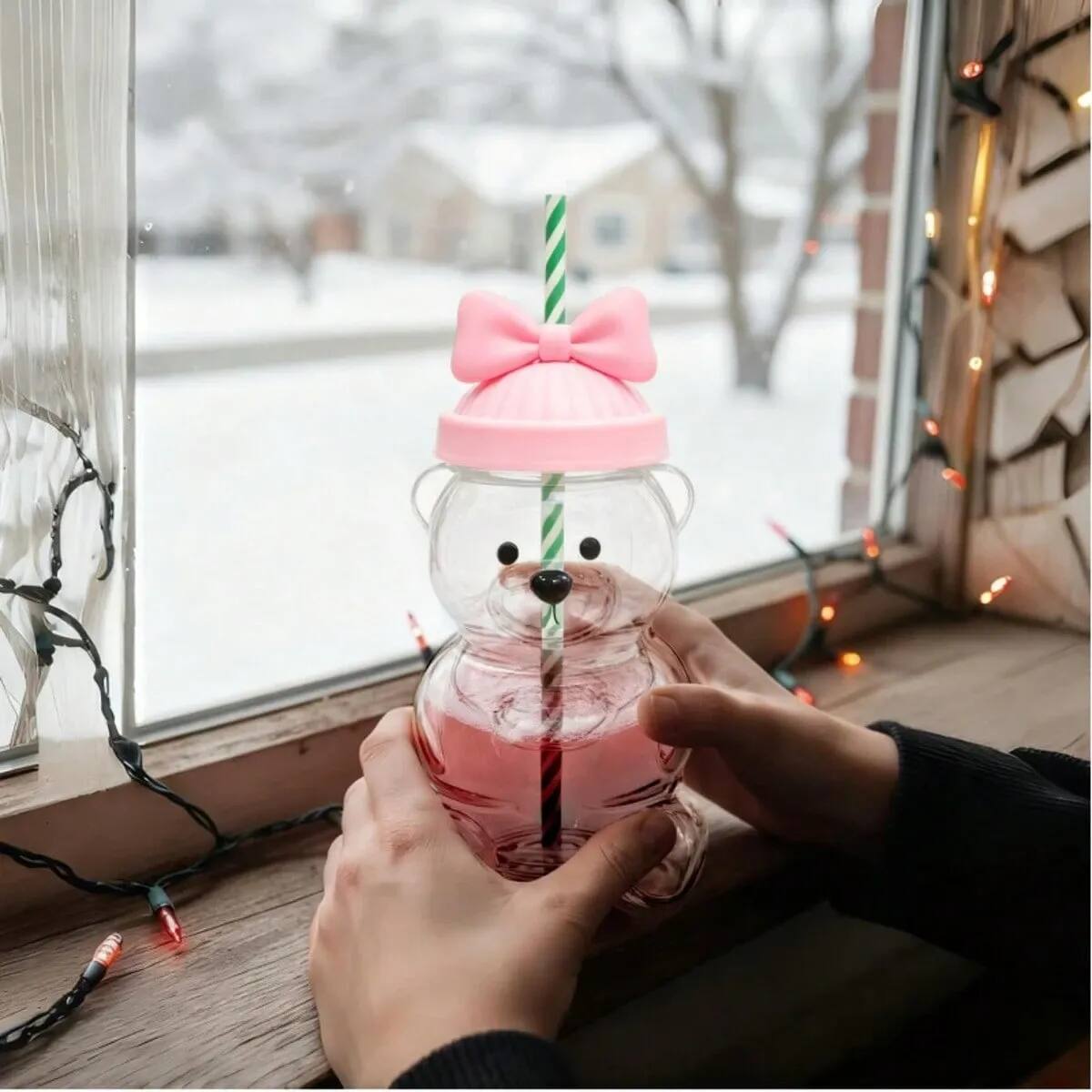 Back. Giantpower - 20oz Bear Cup with Straw, Cute Coffee Mugs Glass Bear Cup for Coffee, Milk & Tea Drinks - Clear.