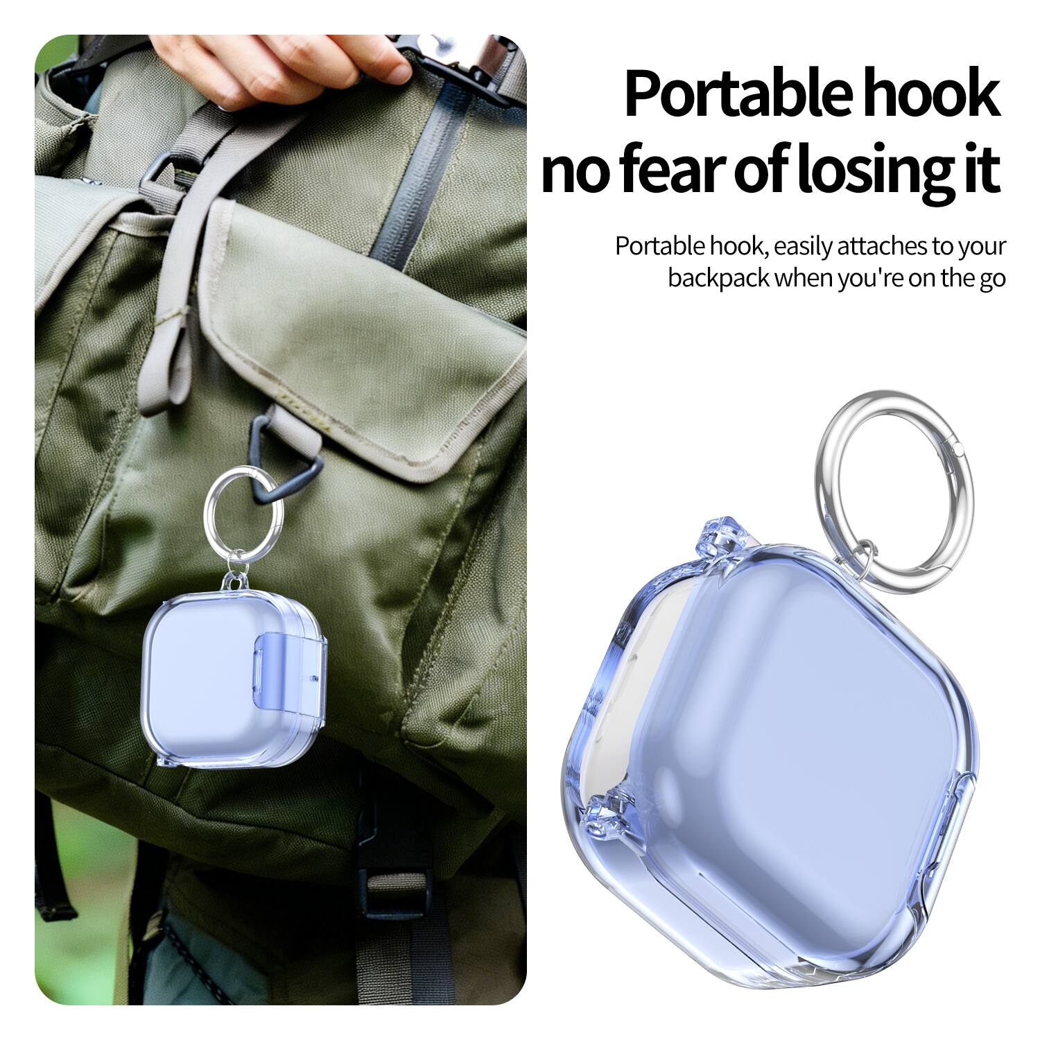 Portable hook no fear of losing it  
Portable hook, easily attaches to your backpack when you're on the go