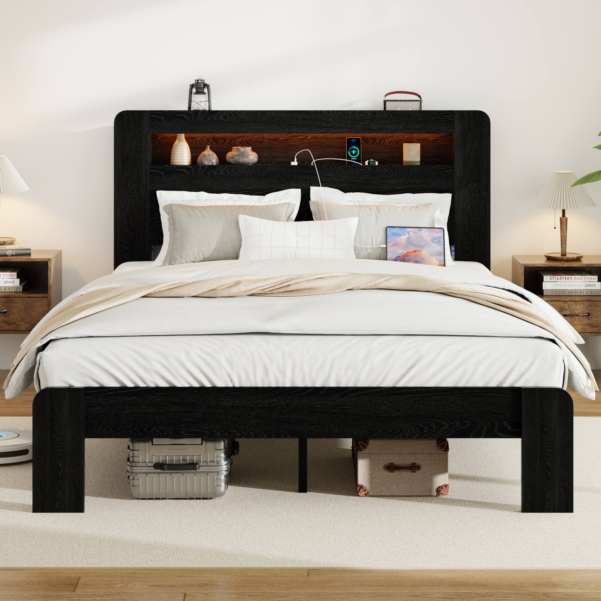 LUCKY ONE - Queen Size Bed Frame with Storage LED Light Headboard and 2 USB - Black