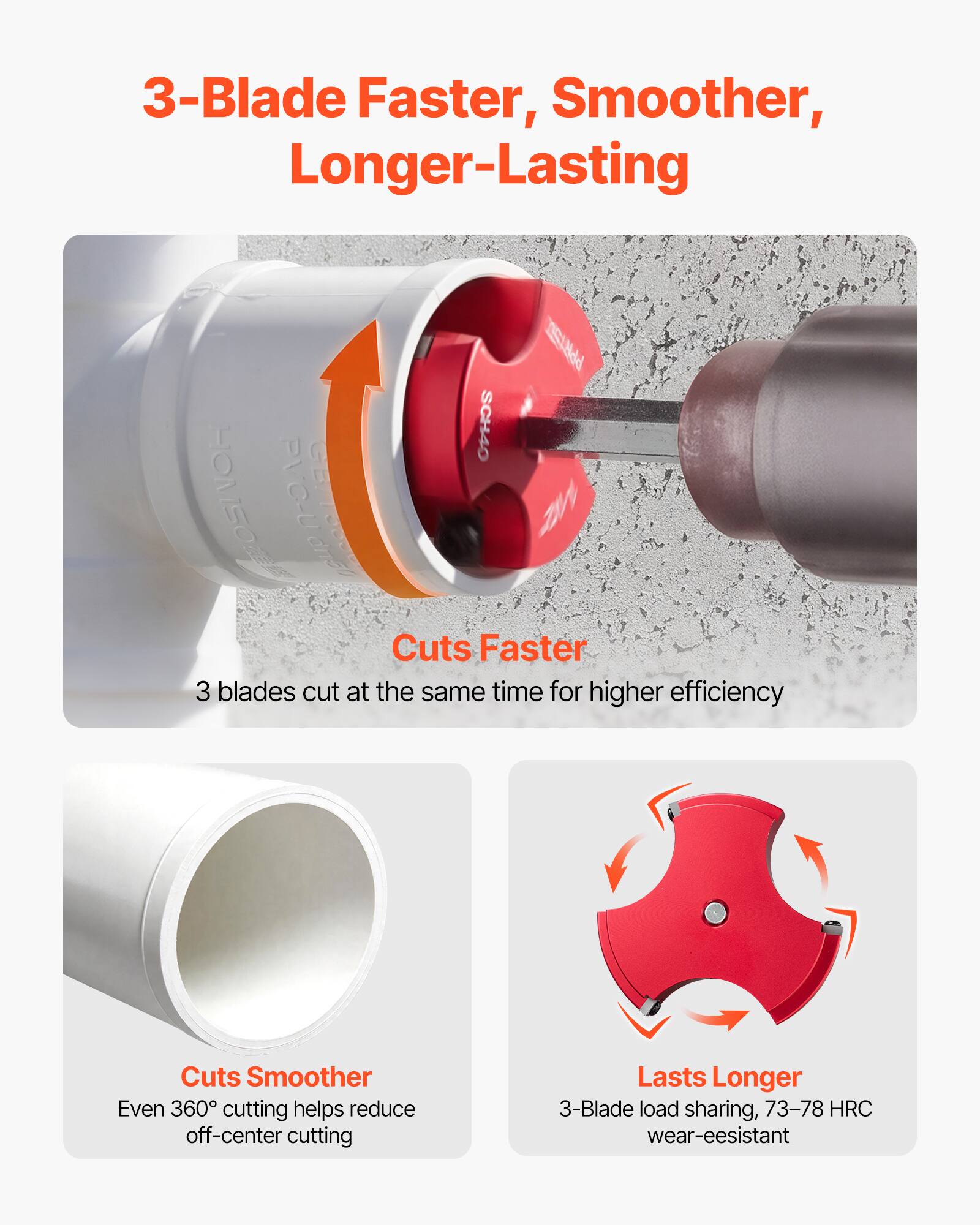 3-Blade Faster, Smoother, Longer-Lasting

Cuts Faster
3 blades cut at the same time for higher efficiency

Cuts Smoother
Even 360° cutting helps reduce off-center cutting

Lasts Longer
3-Blade load sharing, 73-78 HRC wear-resistant