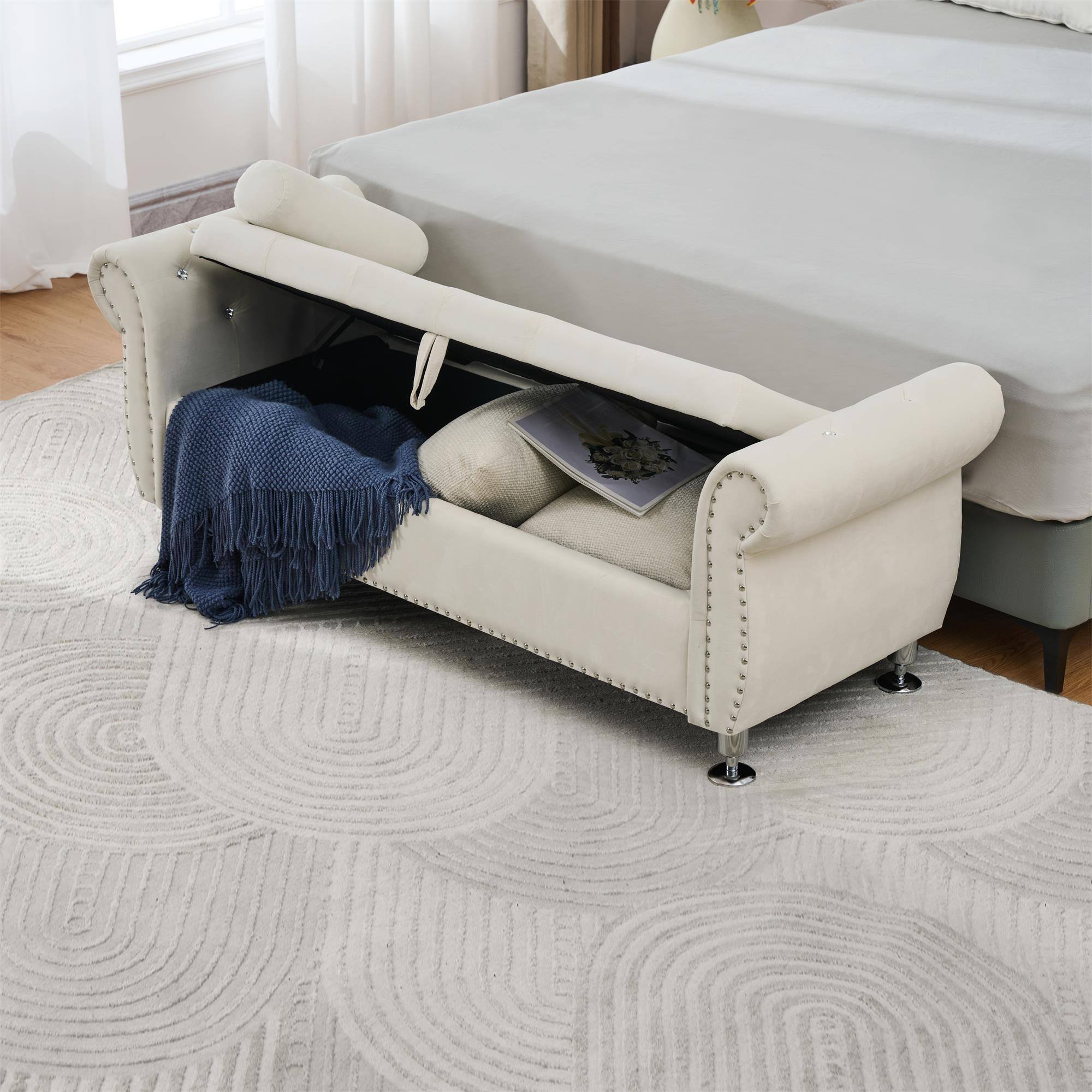 Alt View 3. Boyel Living - 62.2In Beige Velvet Storage Bench w Crystal Buttons&Pillow for Bedroom Living Room - Beige.