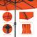 The image features an orange umbrella with a black pole. The umbrella is described as having a 12-rib metal structure, a double stitching rib protector, and a safe metal stopper. Additionally, the umbrella has a convenient fixation strap.