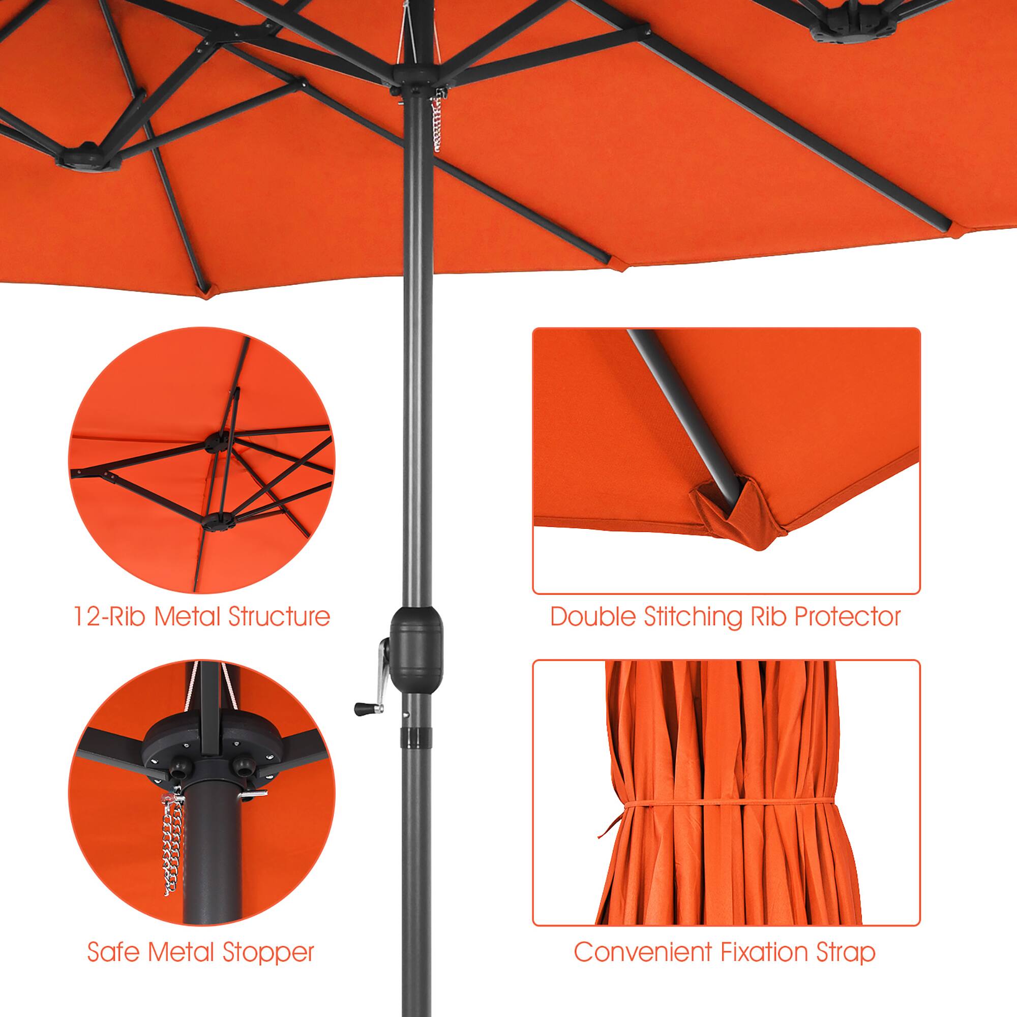 The image features an orange umbrella with a black pole. The umbrella is described as having a 12-rib metal structure, a double stitching rib protector, and a safe metal stopper. Additionally, the umbrella has a convenient fixation strap.