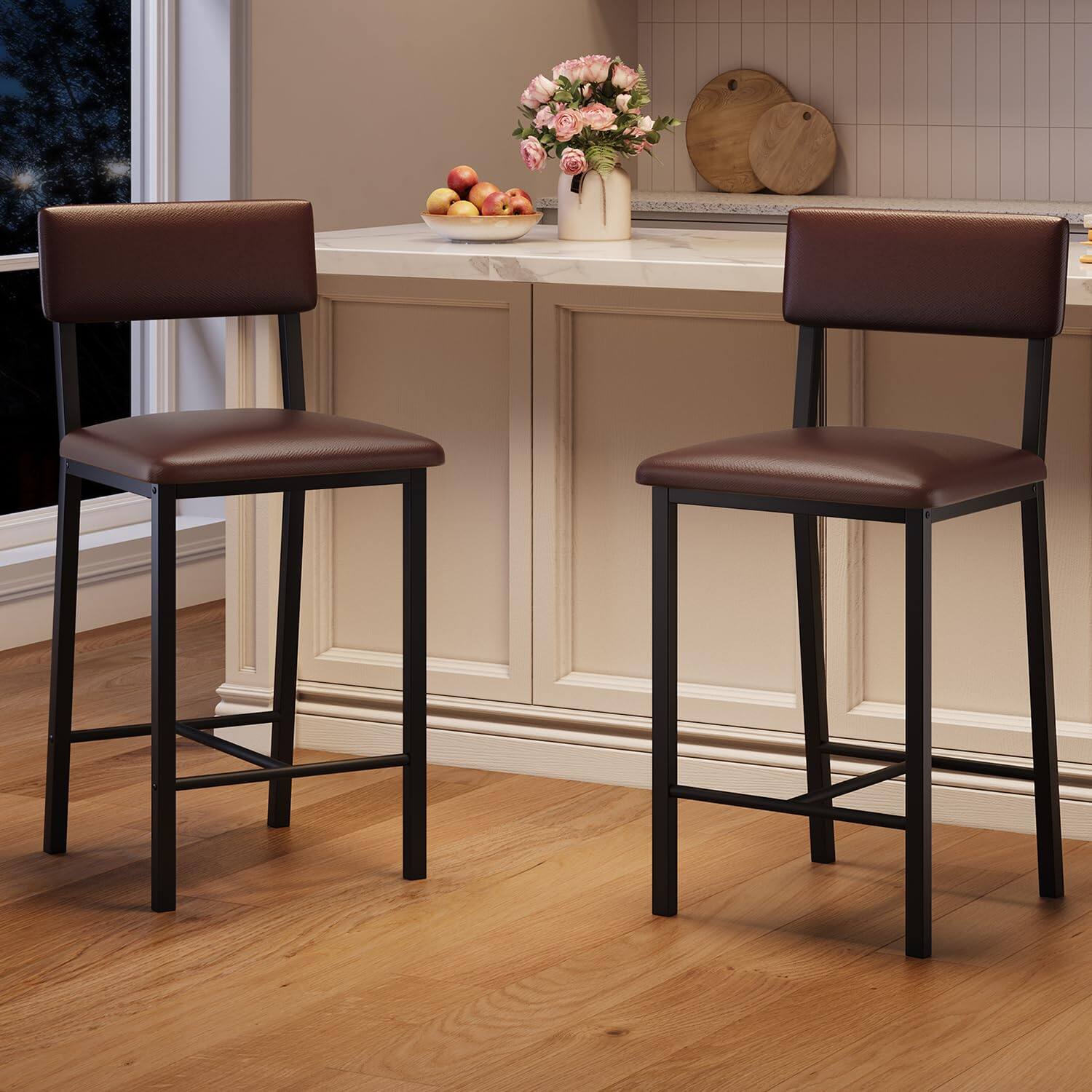 Front. Babevy - Bar Stools Set of 2, PU Leather Counter Height Bar Stools with Backrest and Footrest,Tall Bar Stool with Thick Cushion - Brown.