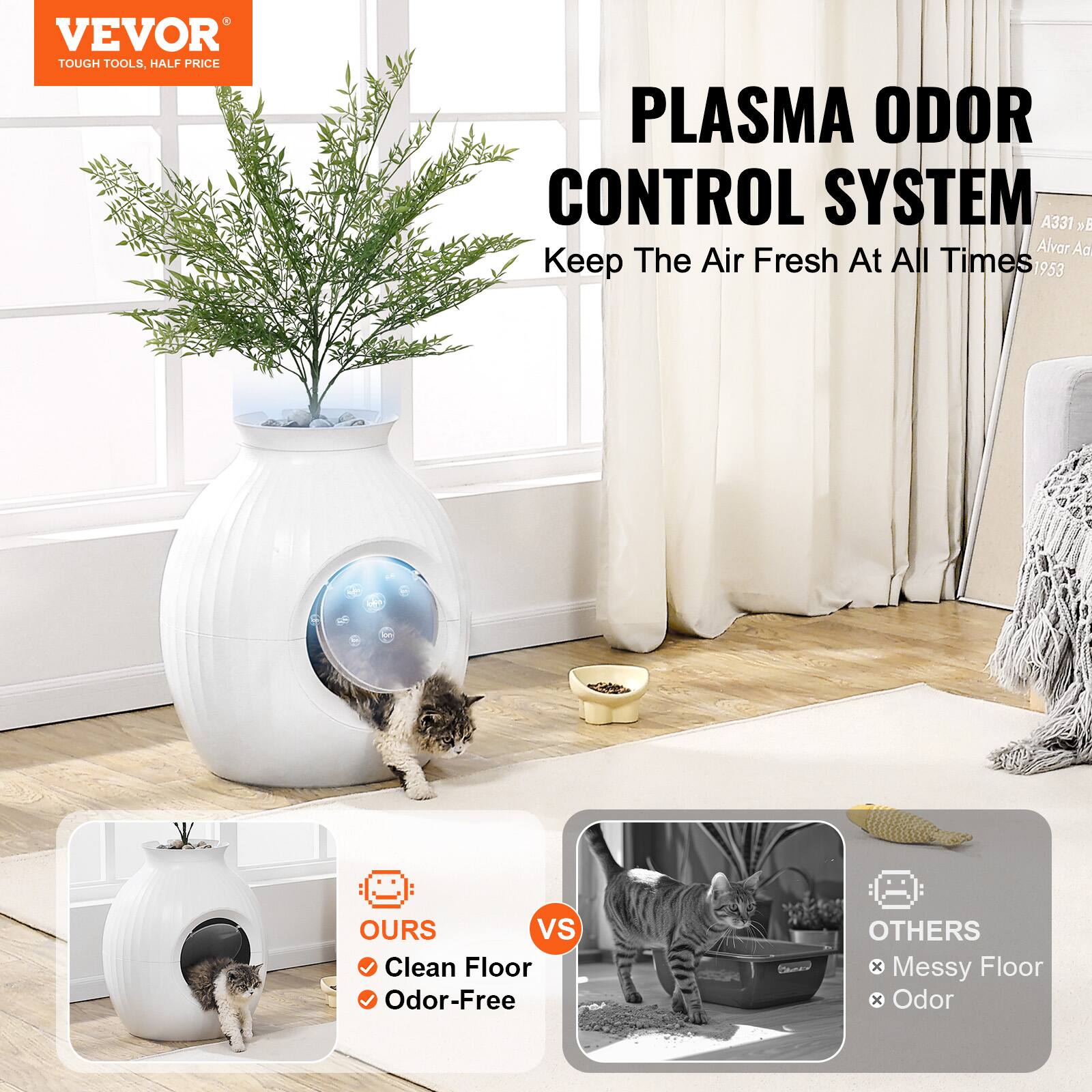 VEVOR  
TOUGH TOOLS, HALF PRICE  

PLASMA ODOR CONTROL SYSTEM  
Keep The Air Fresh At All Times  

A331  
AlvarAd  
953  

OURS  
Clean Floor  
Odor-Free  

VS  

OTHERS  
Messy Floor  
Odor