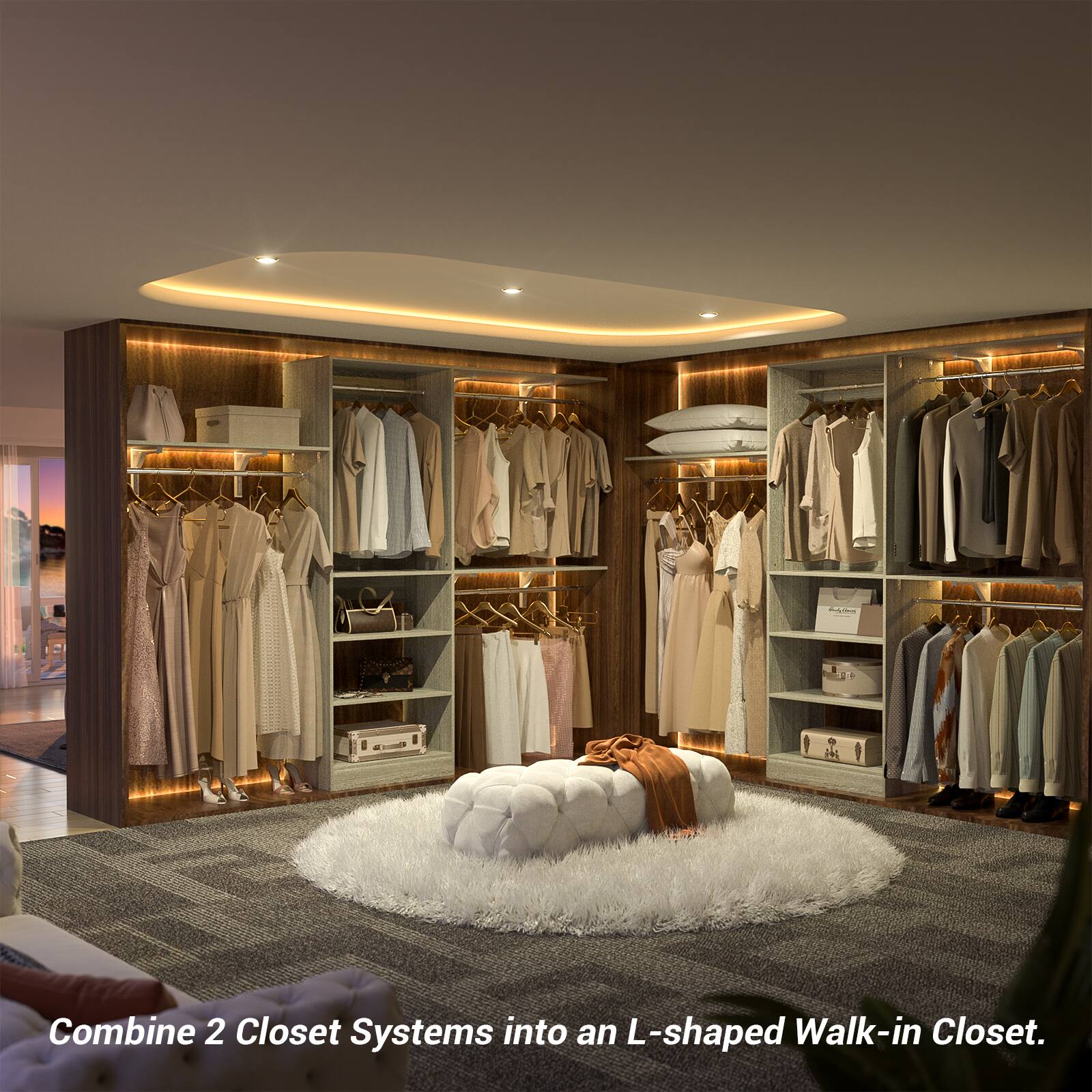 Combine 2 Closet Systems into an L-shaped Walk-in Closet.