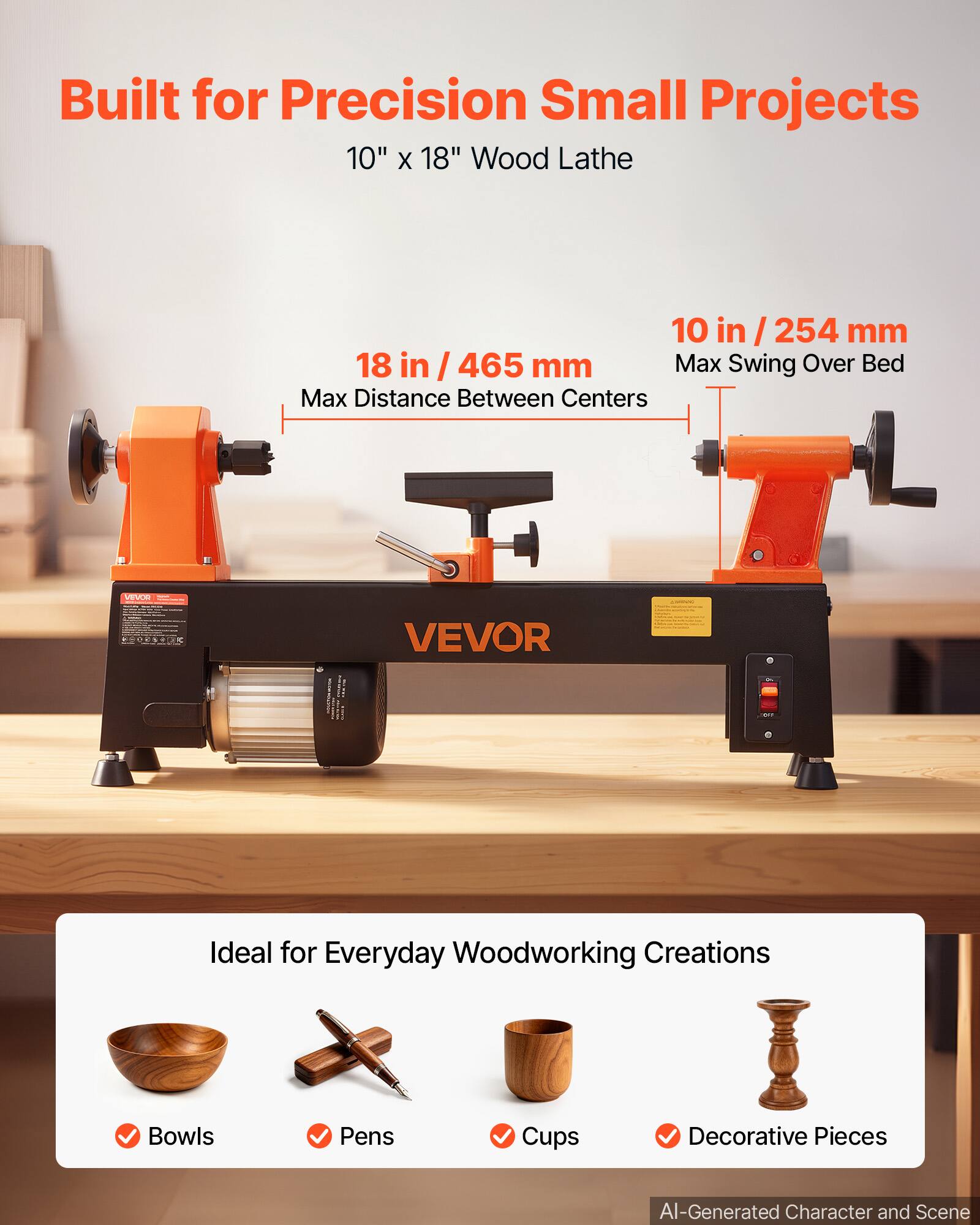 Built for Precision Small Projects  
10" x 18" Wood Lathe  

10 in / 254 mm  
Max Swing Over Bed  

18 in / 465 mm  
Max Distance Between Centers  

Ideal for Everyday Woodworking Creations  
Bowls  
Pens  
Cups  
Decorative Pieces  

AI-Generated Character and Scene