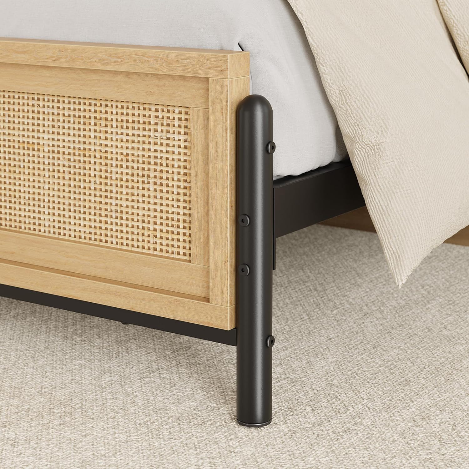 Alt View 3. Jojoka - Boho King Bed Frame with Natural Rattan Headboard, Wood Platform, No Box Spring, 14” Height, Easy Assembly - Oak.