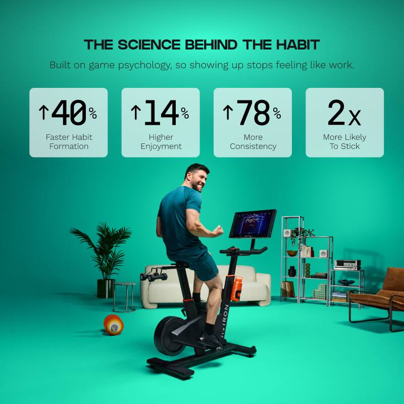 THE SCIENCE BEHIND THE HABIT

Built on game psychology, so showing up stops feeling like work.

40% Faster Habit Formation  
14% Higher Enjoyment  
78% More Consistency  
2x More Likely To Stick

I AVIRON