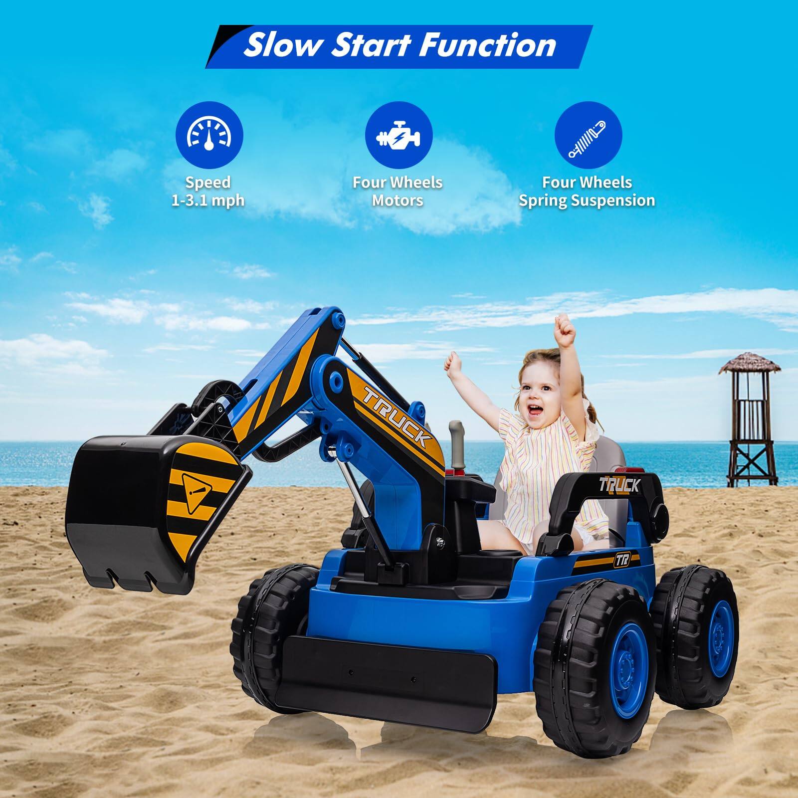 GARVEE 12V Kids Ride On Excavator Digger Truck, Electric Digging Arm ...