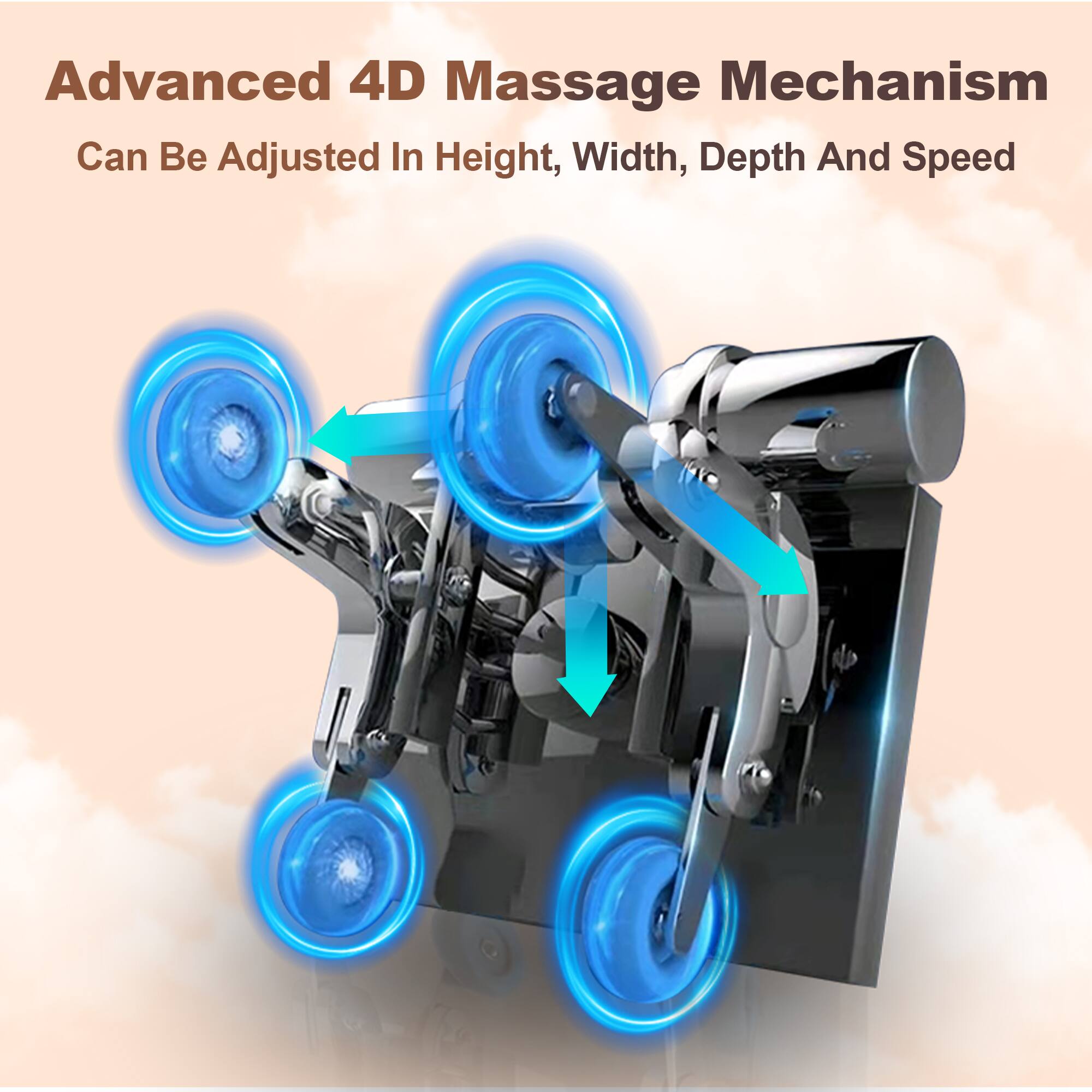 Advanced 4D Massage Mechanism  
Can Be Adjusted In Height, Width, Depth And Speed