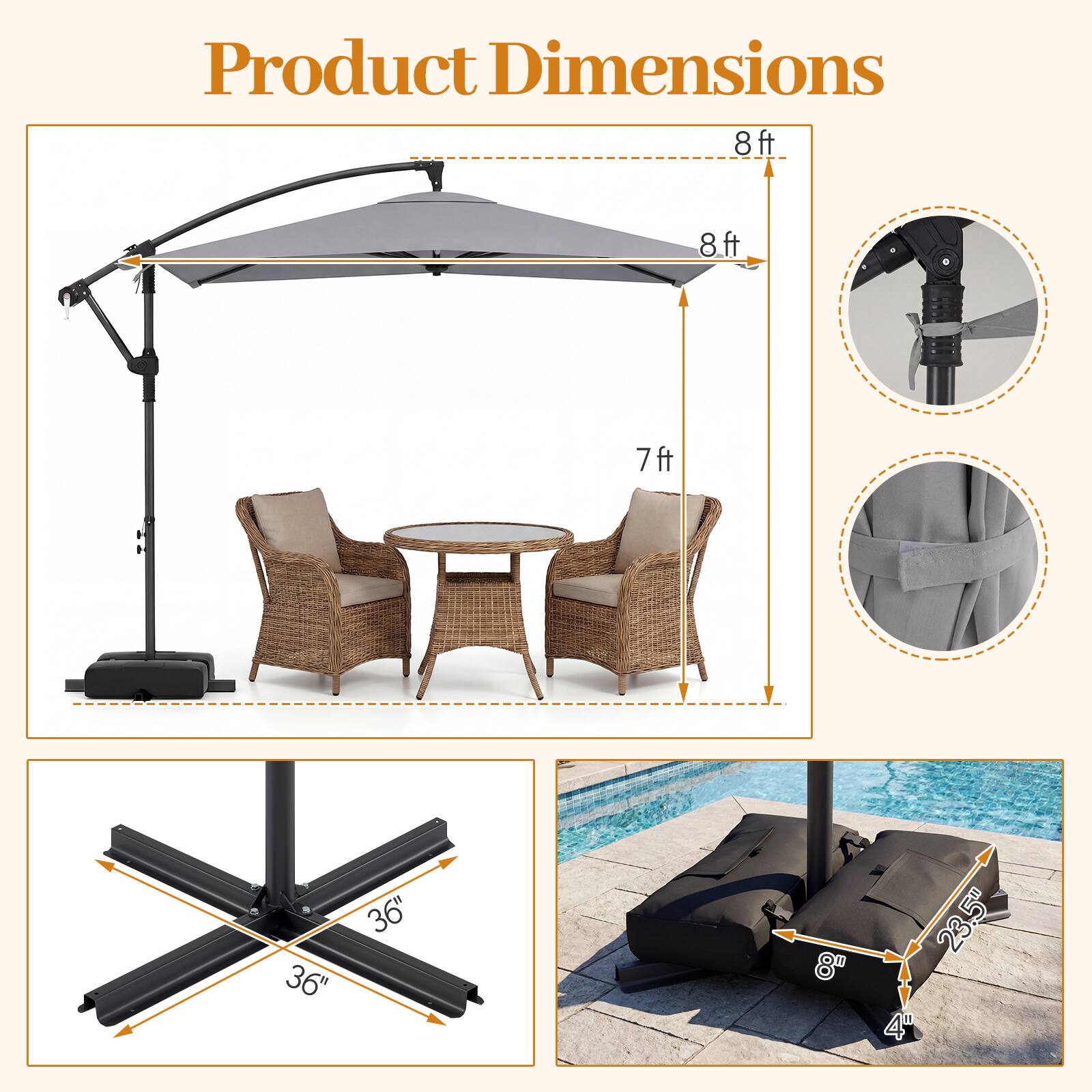 Product Dimensions: 8ft, 8ft, 7ft, 36", 36", 8", 23.5", 4"