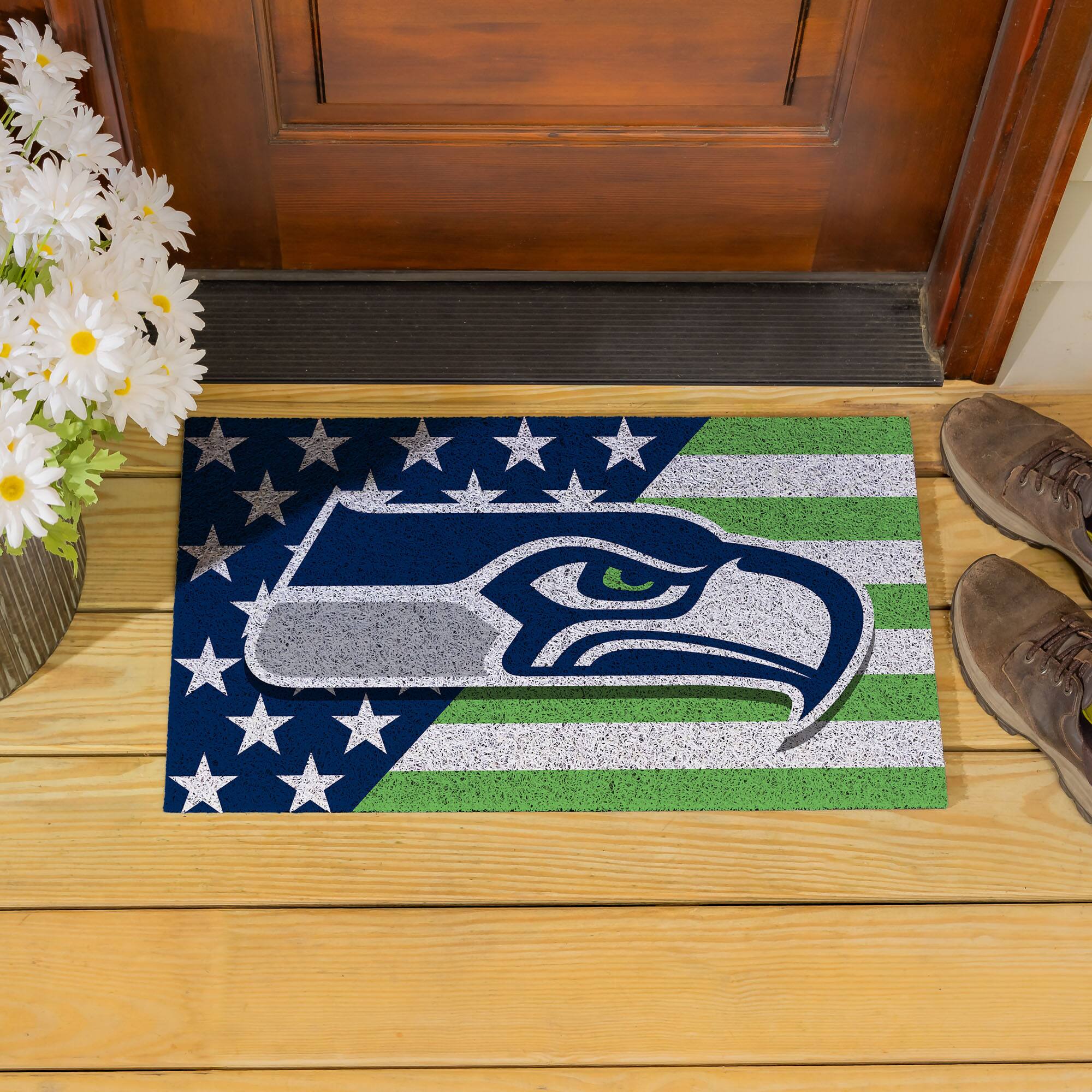 Alt View 3. Evergreen Enterprises - Seattle Seahawks 16" x 28" Stars & Stripes Patriotic Turf Mat - Multicolor.