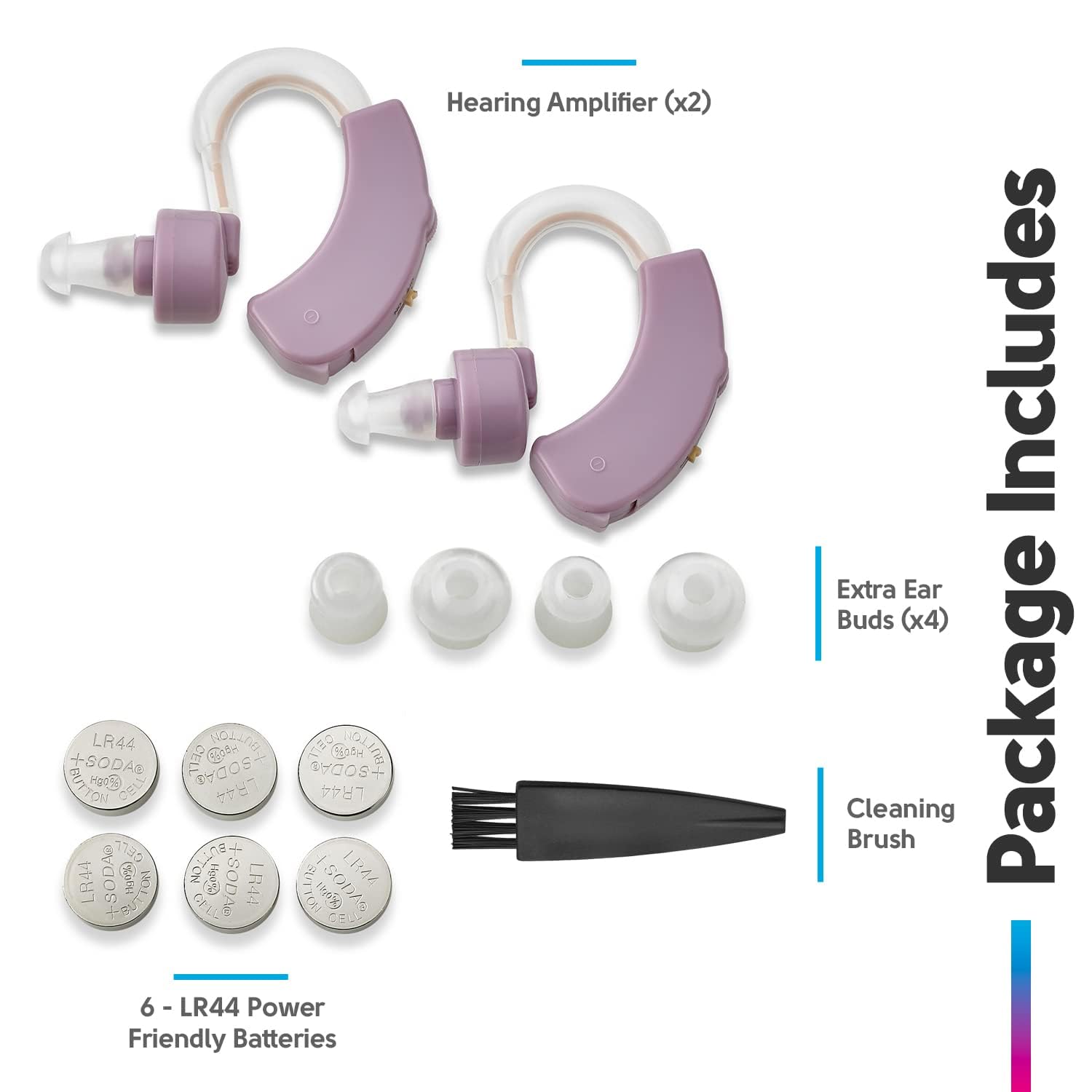 Hearing Amplifier (x2)

Package Includes

- Extra Ear Buds (x4)
- Cleaning Brush
- 6 - LR44 Power Friendly Batteries