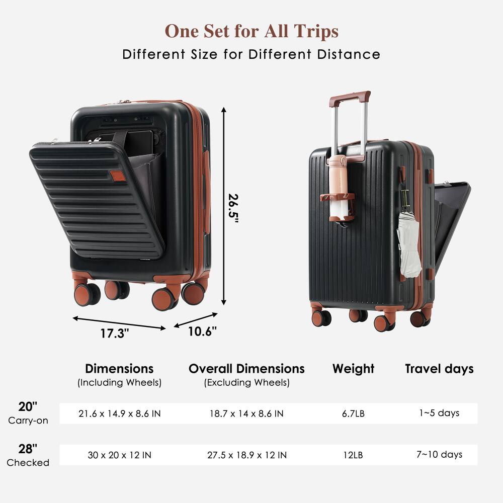 One Set for All Trips  
Different Size for Different Distance  

20" Carry-on  
Dimensions (Including Wheels): 21.6 x 14.9 x 8.6 IN  
Overall Dimensions (Excluding Wheels): 18.7 x 14 x 8.6 IN  
Weight: 6.7LB  
Travel days: 1-5 days  

28" Checked  
Dimensions (Including Wheels): 30 x 20 x 12 IN  
Overall Dimensions (Excluding Wheels): 27.5 x 18.9 x 12 IN  
Weight: 12LB  
Travel days: 7-10 days