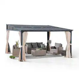 SUNJOY - 12ft. x 14ft Wall Mounted Gazebo with Powder Coated Steel Roof, Black Aluminum & Metal Frame Lean to Gazebo - 12*14 Metal Roof