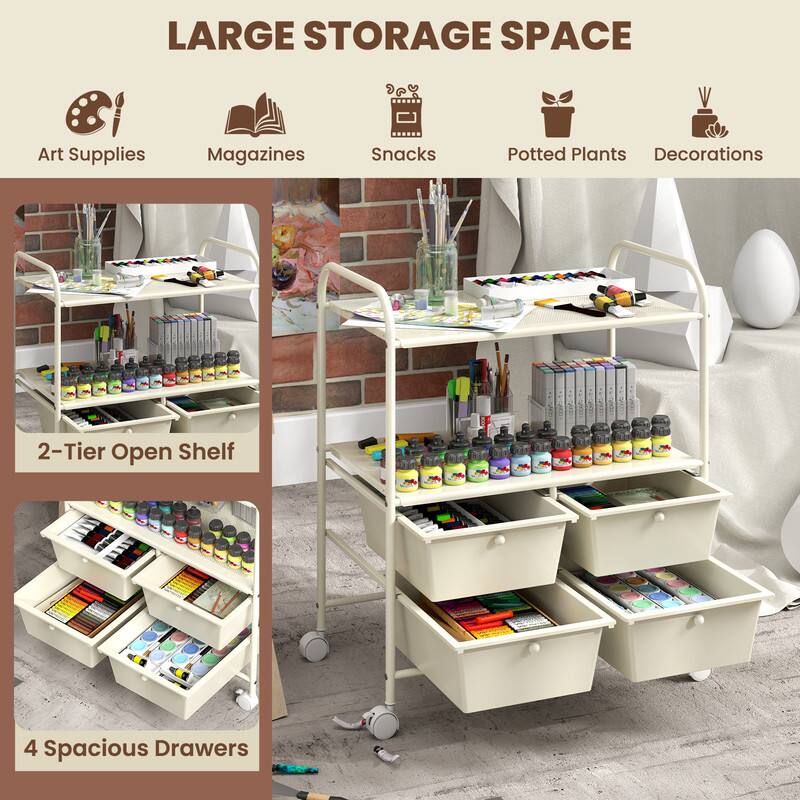 LARGE STORAGE SPACE  
Art Supplies  
Magazines  
Snacks  
Potted Plants  
Decorations  
2-Tier Open Shelf  
4 Spacious Drawers