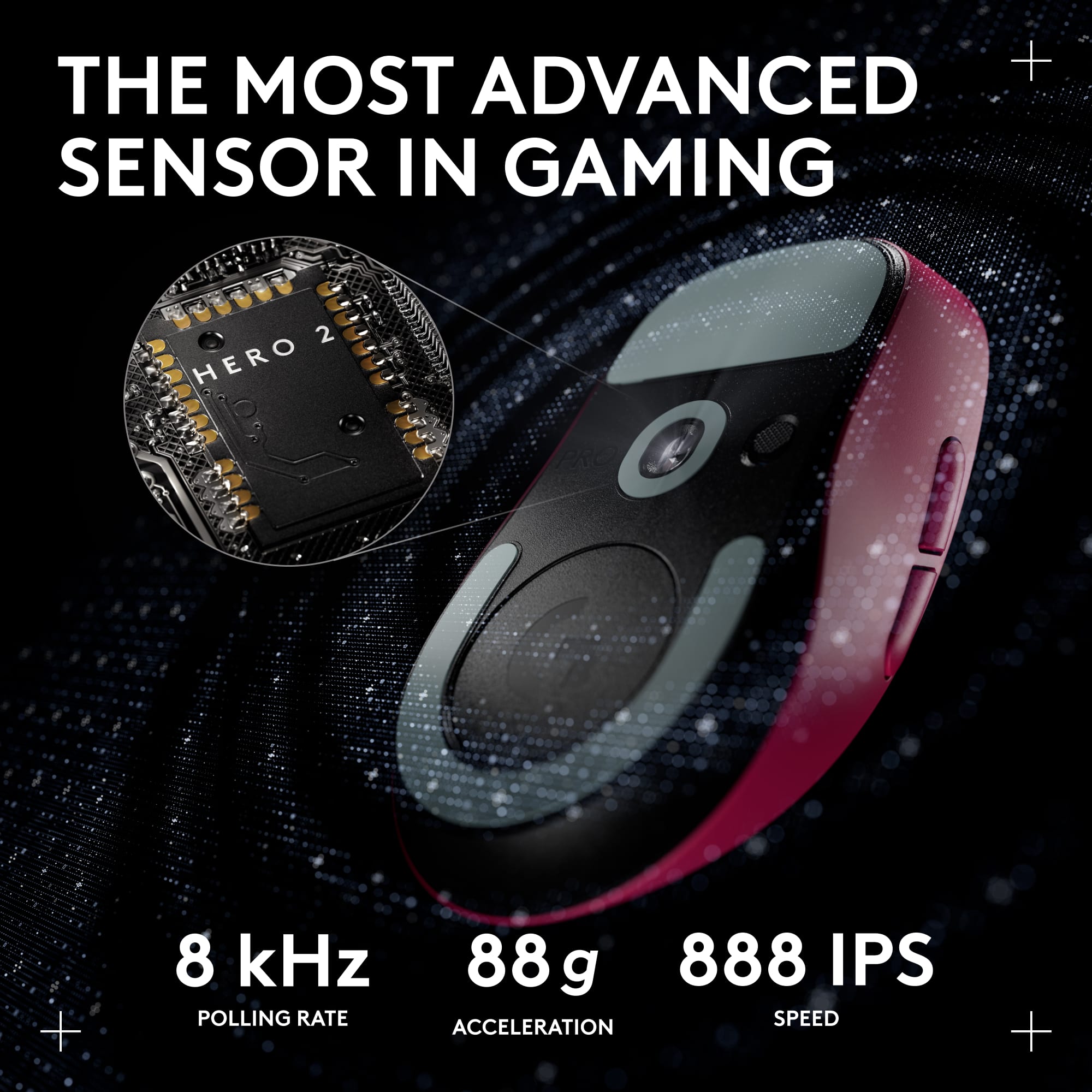 THE MOST ADVANCED SENSOR IN GAMING
2 HERO
8 kHz POLLING RATE
88 g ACCELERATION
888 IPS SPEED