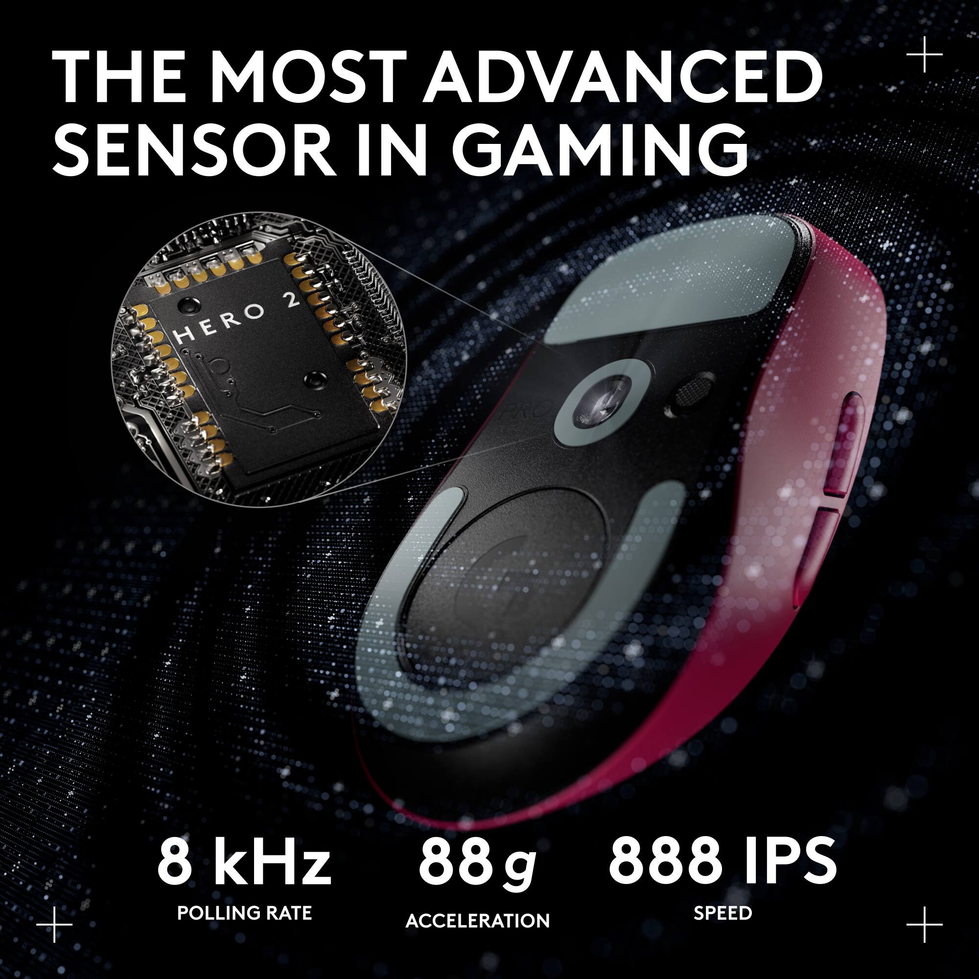 THE MOST ADVANCED SENSOR IN GAMING

2 HERO

8 kHz POLLING RATE

88 g ACCELERATION

888 IPS SPEED