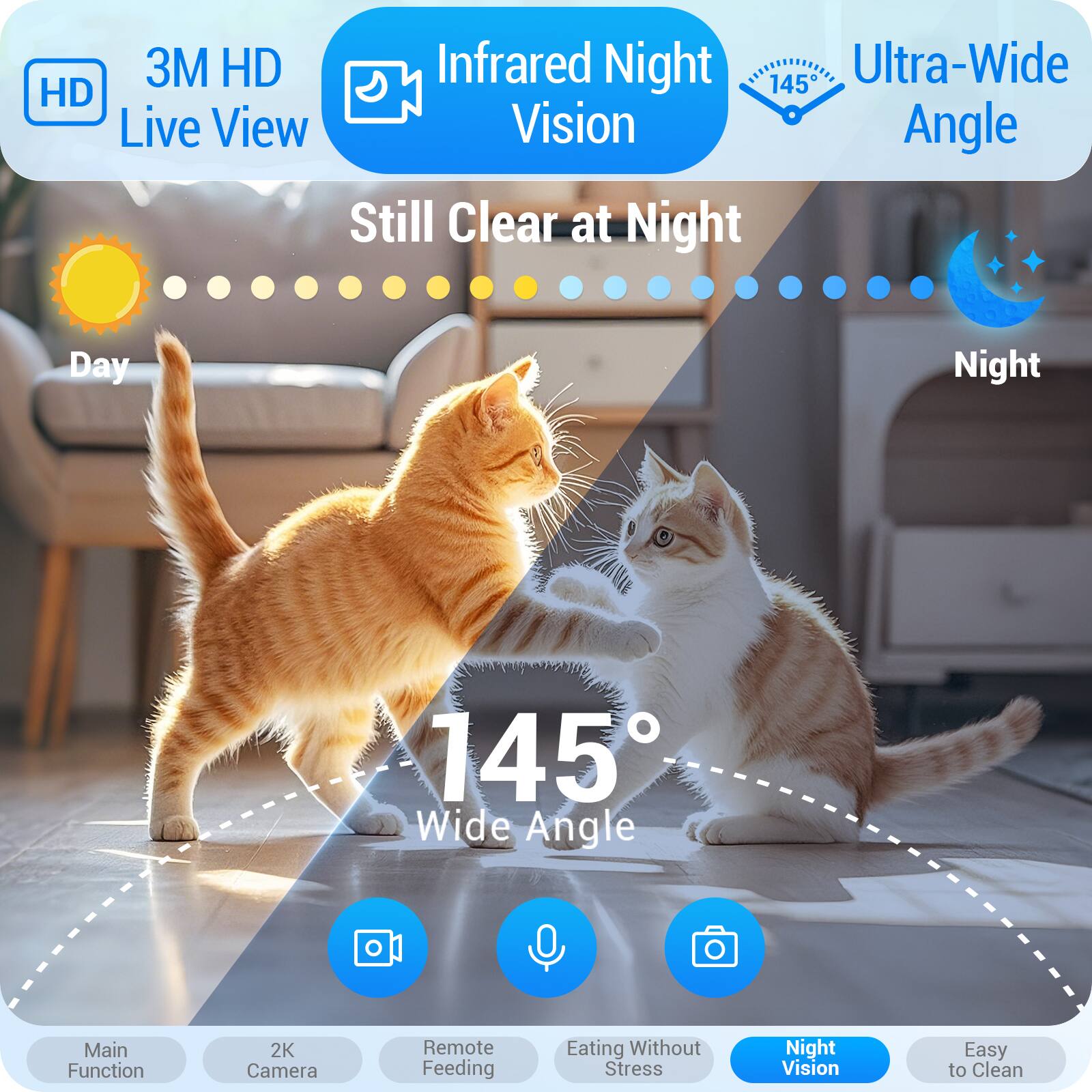 3M HD Infrared Night Ultra-Wide HD 145 Live View Vision Angle Still Clear at Night

Day
Night

145 Wide Angle

Main Function
2K Camera
Remote Feeding
Eating Without Stress
Night Vision
Easy to Clean