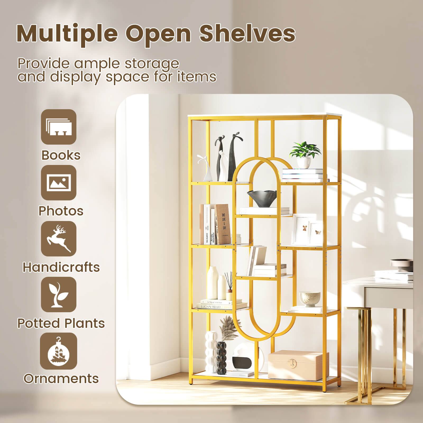 Multiple Open Shelves  
Provide ample storage and display space for items  
Books  
Photos  
Handicrafts  
Potted Plants  
Ornaments