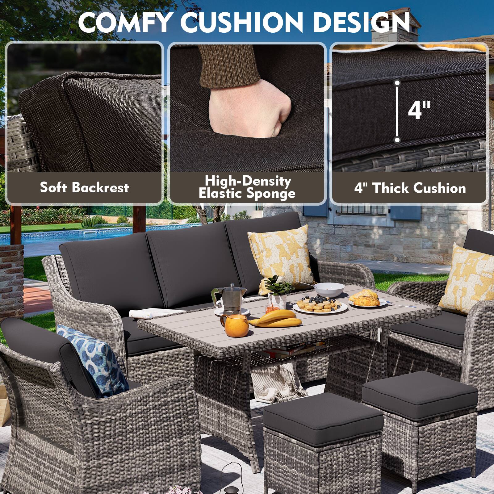 COMFY CUSHION DESIGN

- Soft Backrest
- High-Density Elastic Sponge
- 4" Thick Cushion