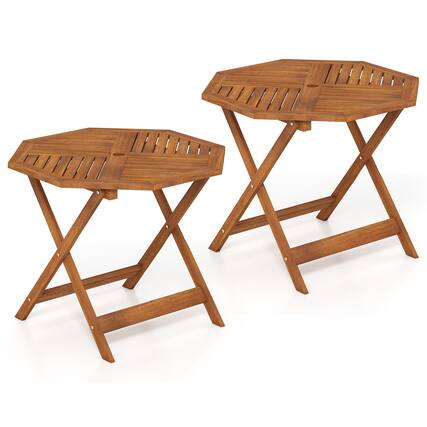 Front. Gymax - Gymax 2PCS 35.5'' Solid Wood Patio Dining Table w/1.97'' Umbrella Hole Slatted Tabletop - Brown.