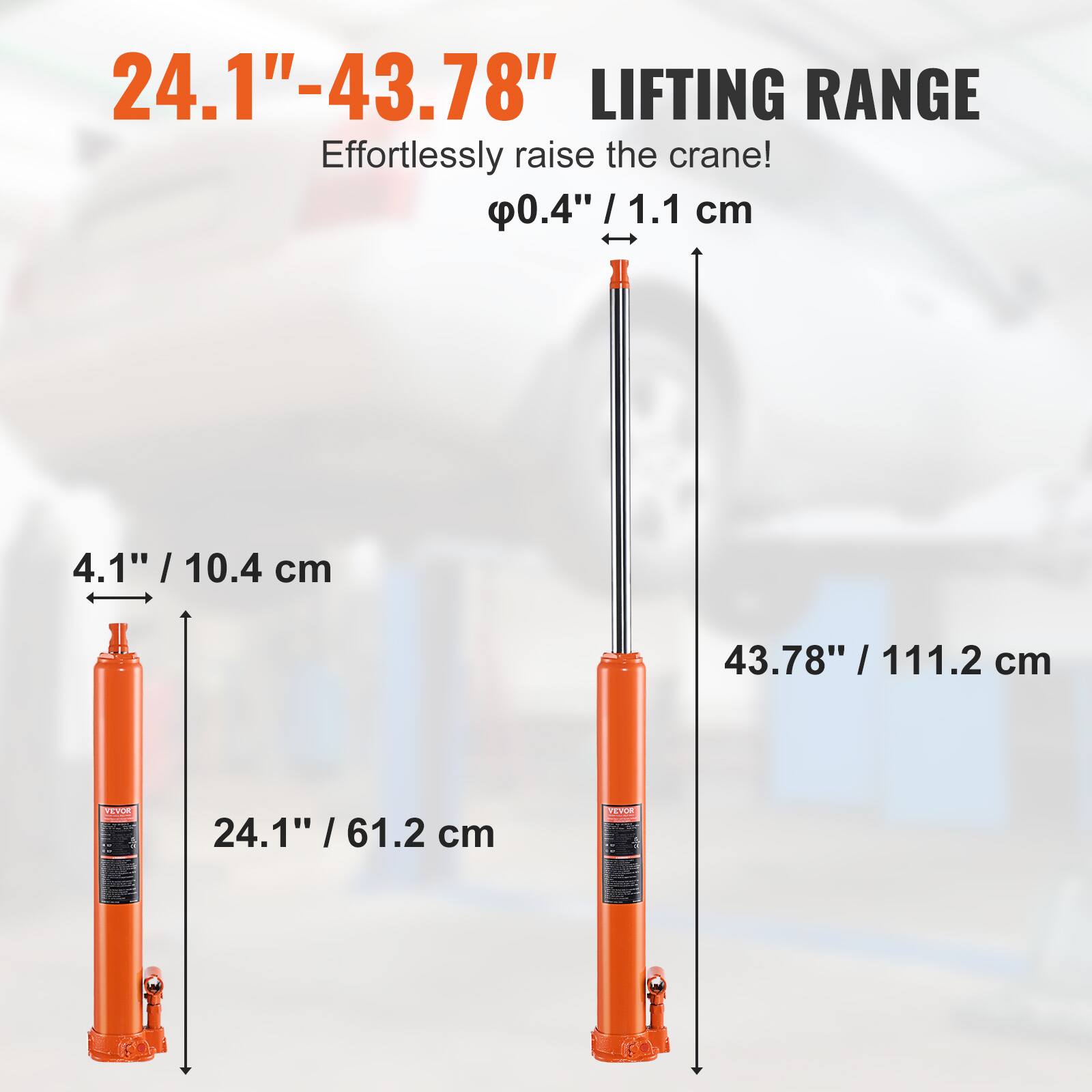 24.1" - 43.78" LIFTING RANGE  
Effortlessly raise the crane!  
0.4" / 1.1 cm  
4.1" / 10.4 cm  
24.1" / 61.2 cm  
43.78" / 111.2 cm