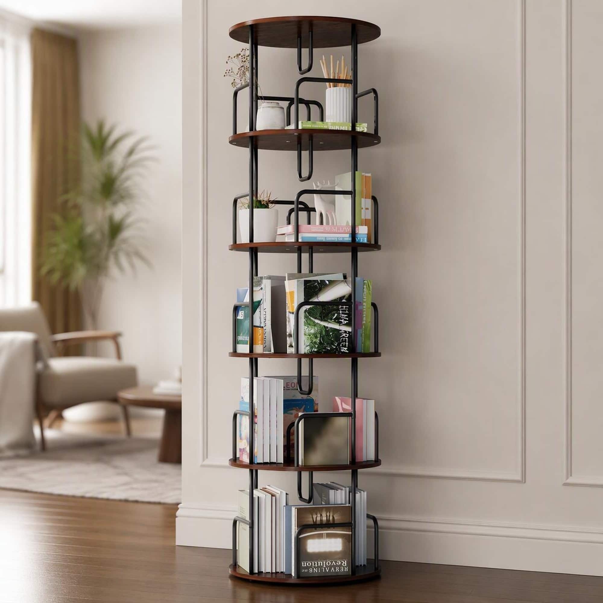 RYHNUYNE - 62.2 in 5-Tier 360 Degree Rotating Bookshelf Tower Narrow Tall Spinning Bookcase MDF - Brown