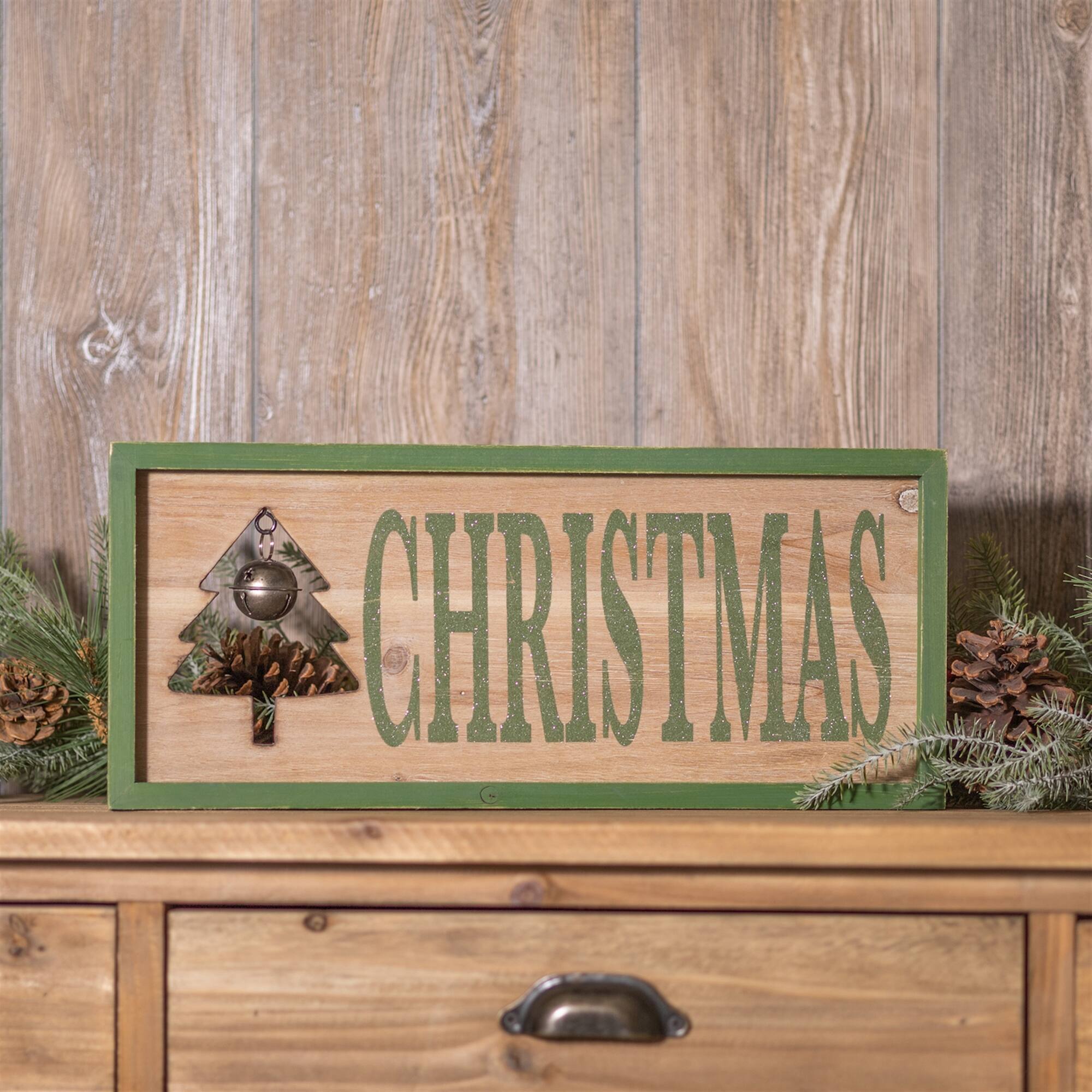 Angle. BreeBe - Wood Framed Christmas Bell Sign 18"L - Green, Brown.