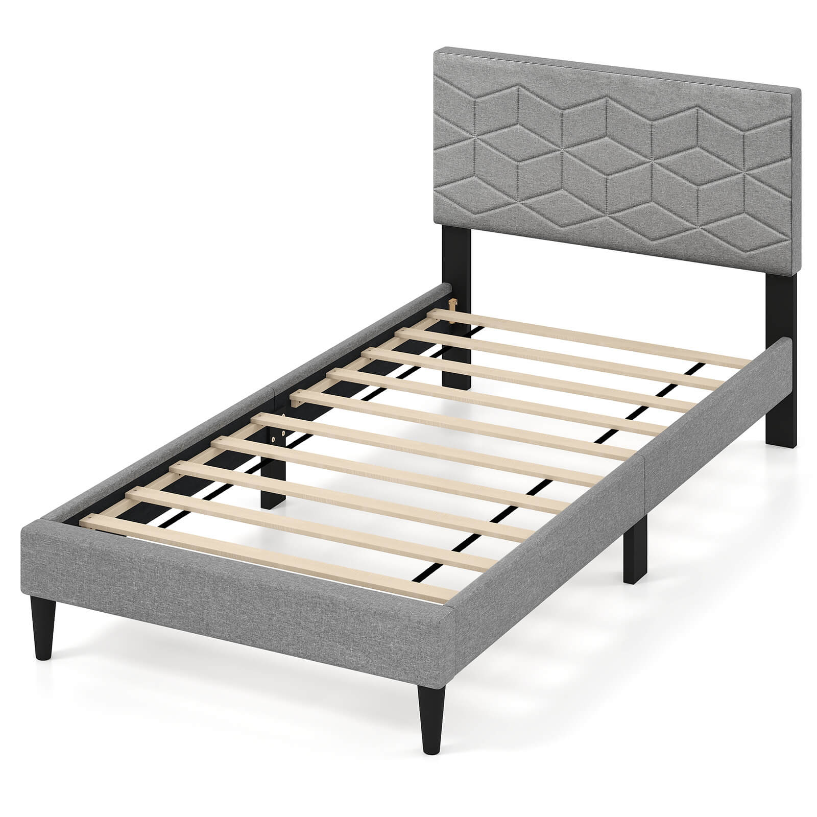 Front. Costway - Costway Twin Size Bed Frame with Linen Fabric Upholstered Headboard & Wooden Slat Support - Gray.