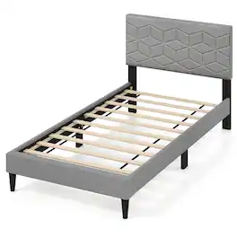 Costway - Twin Size Bed Frame with Linen Fabric Upholstered Headboard & Wooden Slat Support - Gray