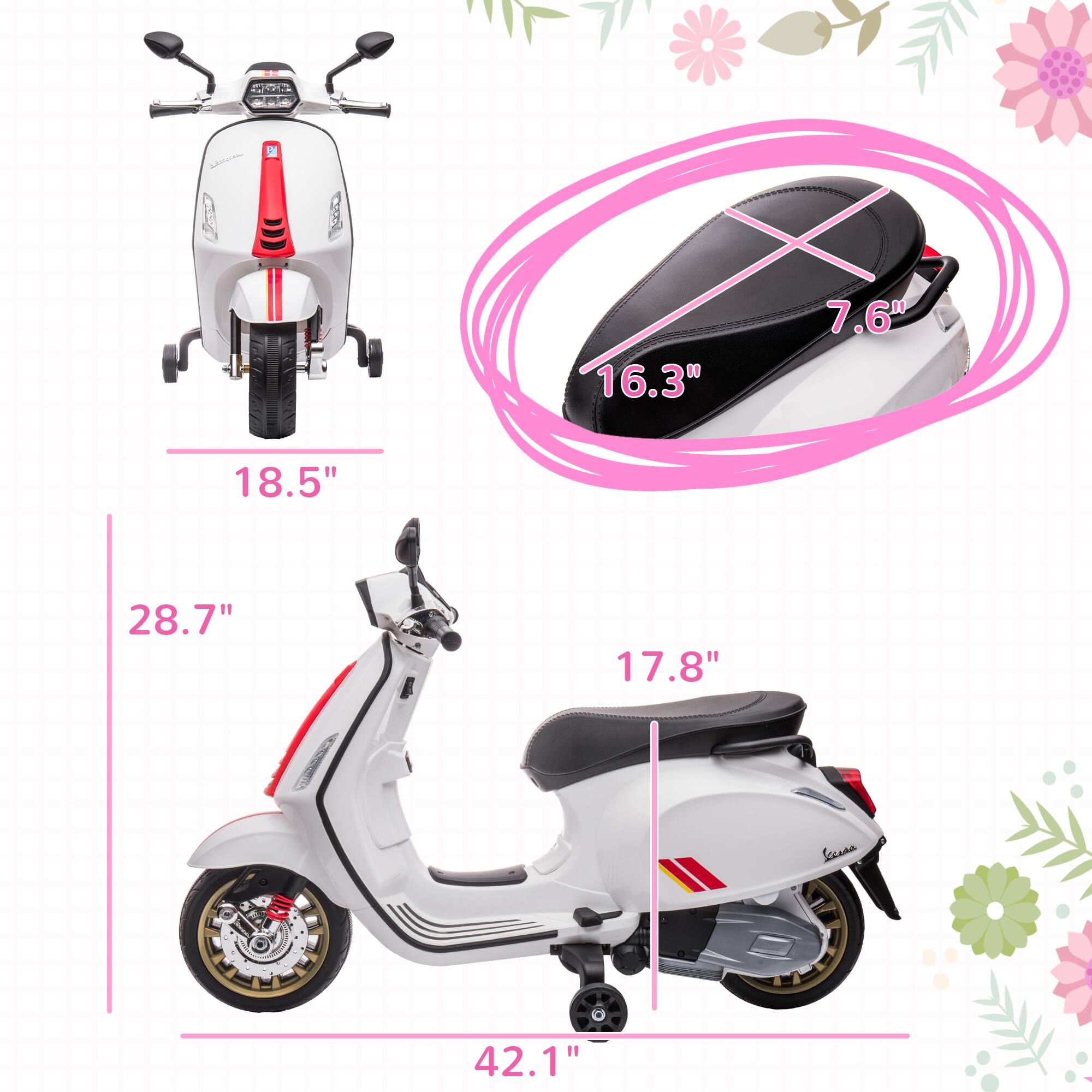 - C: 18.5"
- L: 28.7"
- Seat: 16.3" x 7.6"
- Sceua: 42.1"
- Seat height: 17.8"