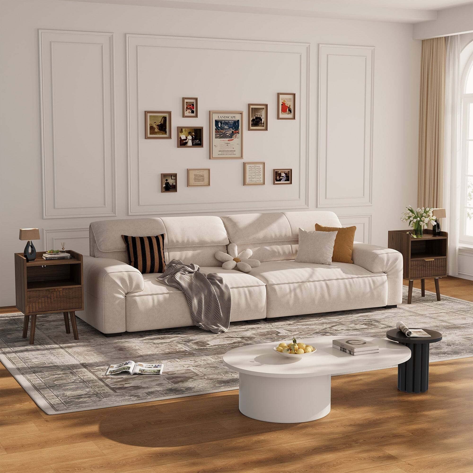 Angle. U-HOMY - Modern Fluted Nightstand with Drawer and Charging Station, Bedside Table with USB Ports and Storage Shelf, Set of 2 - Walnut.