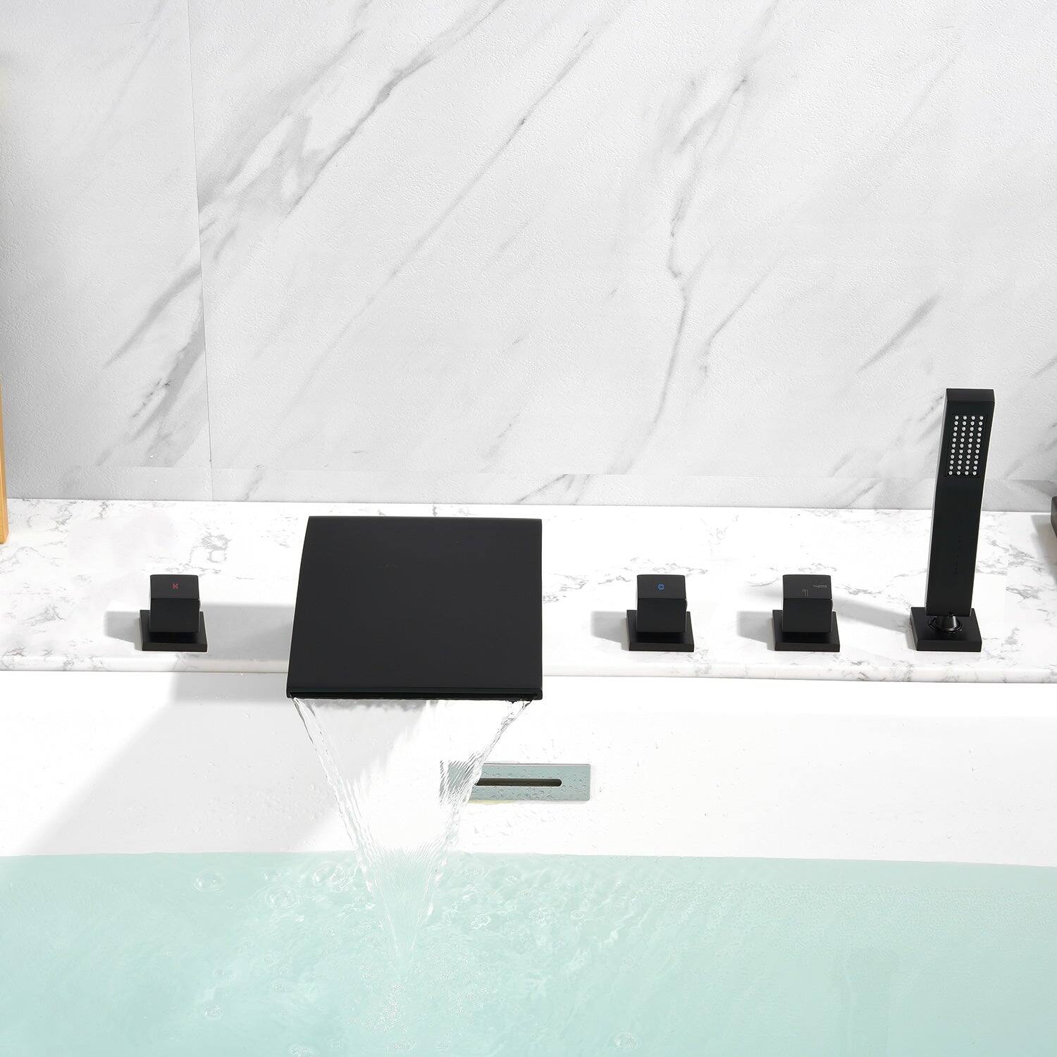 Alt View 4. Boyel Living - 7 in.W Black Sloped Bathtub Hot and Cold Water Faucet with Handheld Shower and Waterfall Outlet 5-Hole - Matte Black.