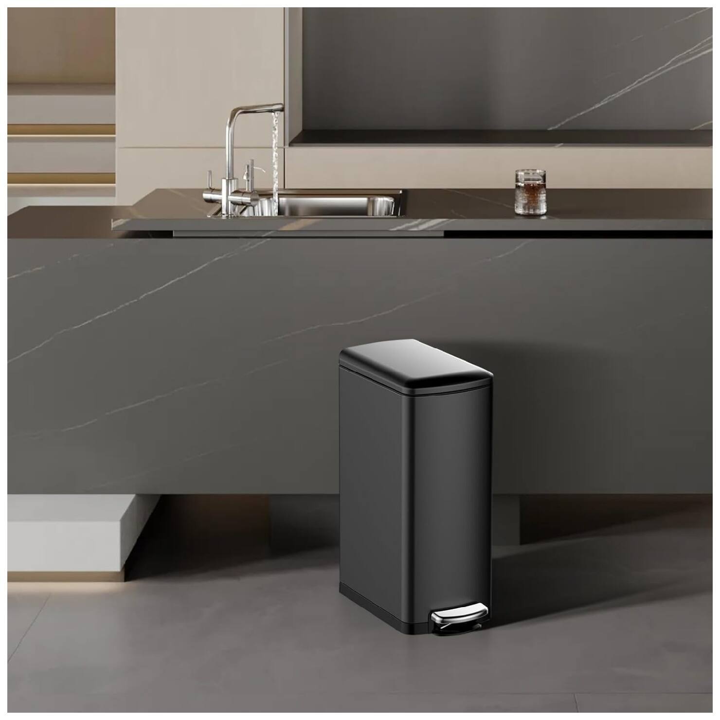 Alt View 3. GARVEE - 30 L Kitchen Step Trash Can, 8 Gallon Narrow Stainless Steel Waste Bin with Soft-Close Lid, Rectangle Rubbish Bin - Black.