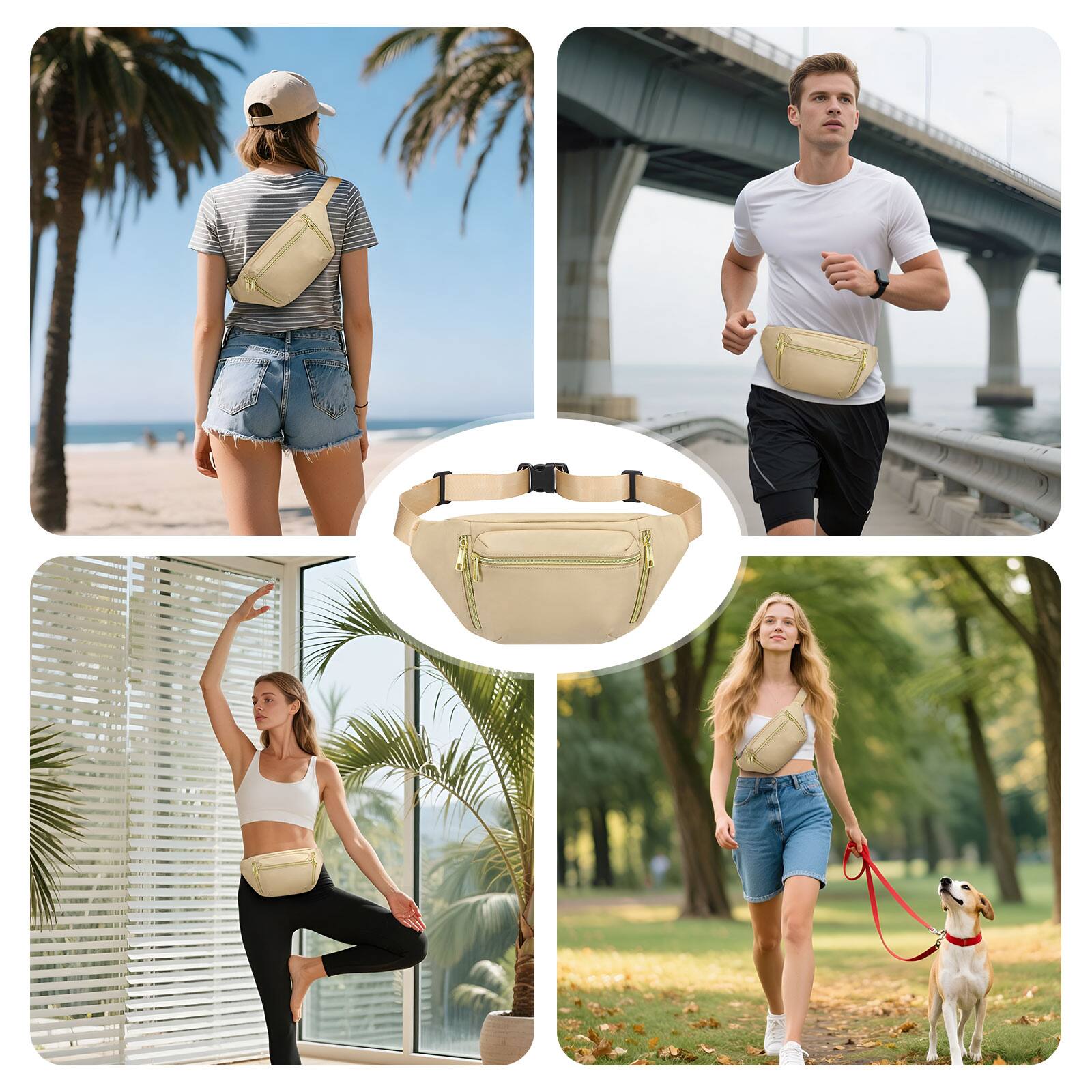 Alt View 5. Unique Bargains - Crossbody Fanny Pack with 5-Zipper Pockets Waterproof Nylon Anti Theft Waist Bag for Women Men for Sports Traveling - Beige.