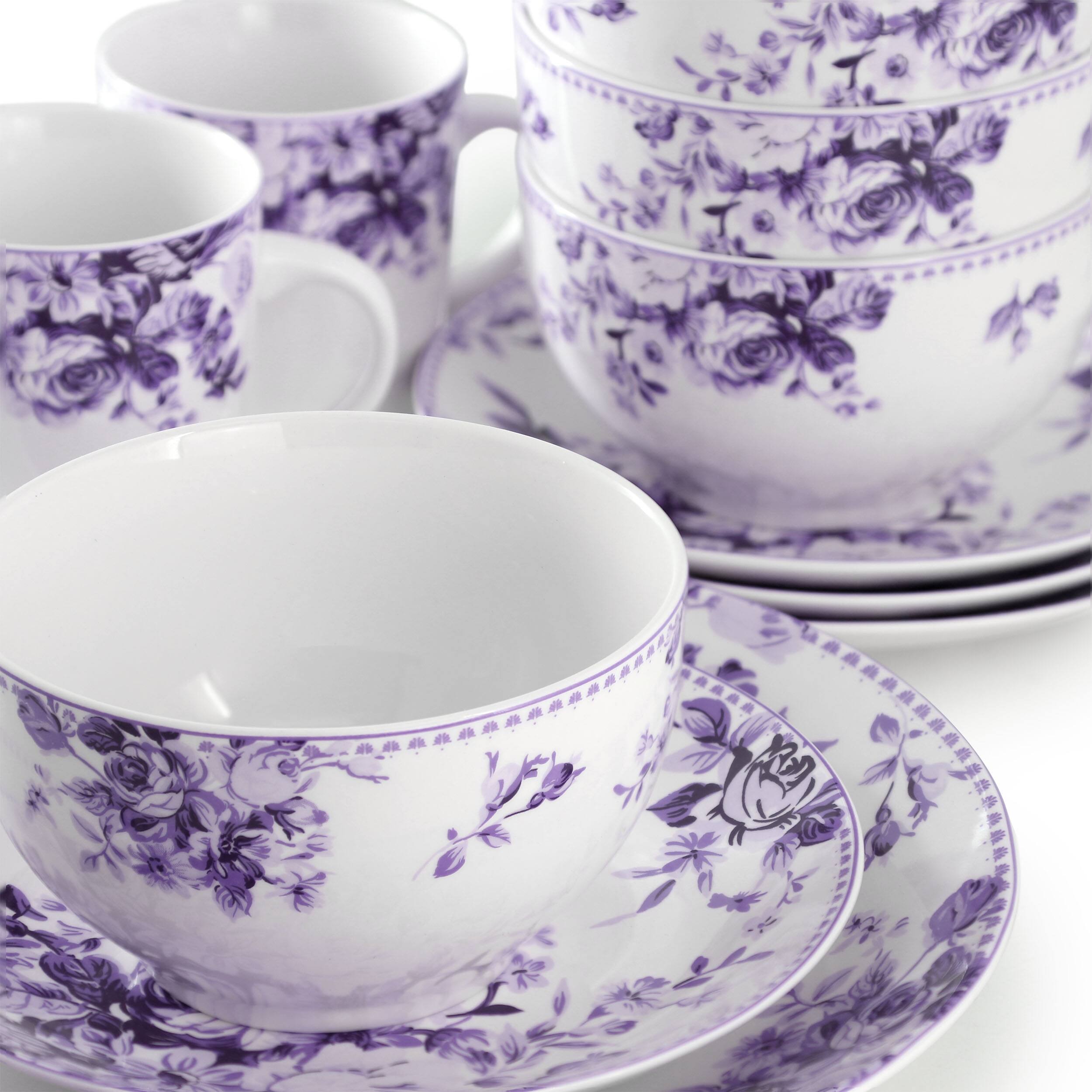 Alt View 5. Elama - Elama Traditional Purple Rose 16 Piece Stoneware Dinnerware Set - White and Purple.