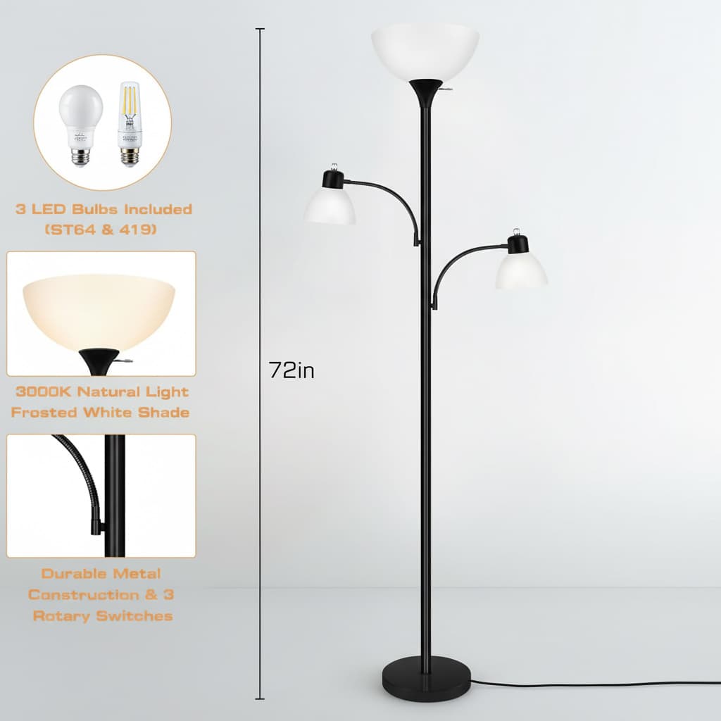 3 LED Bulbs Included (ST64 & 419)  
3000K Natural Light  
Frosted White Shade  
72in  
Durable Metal Construction & 3 Rotary Switches