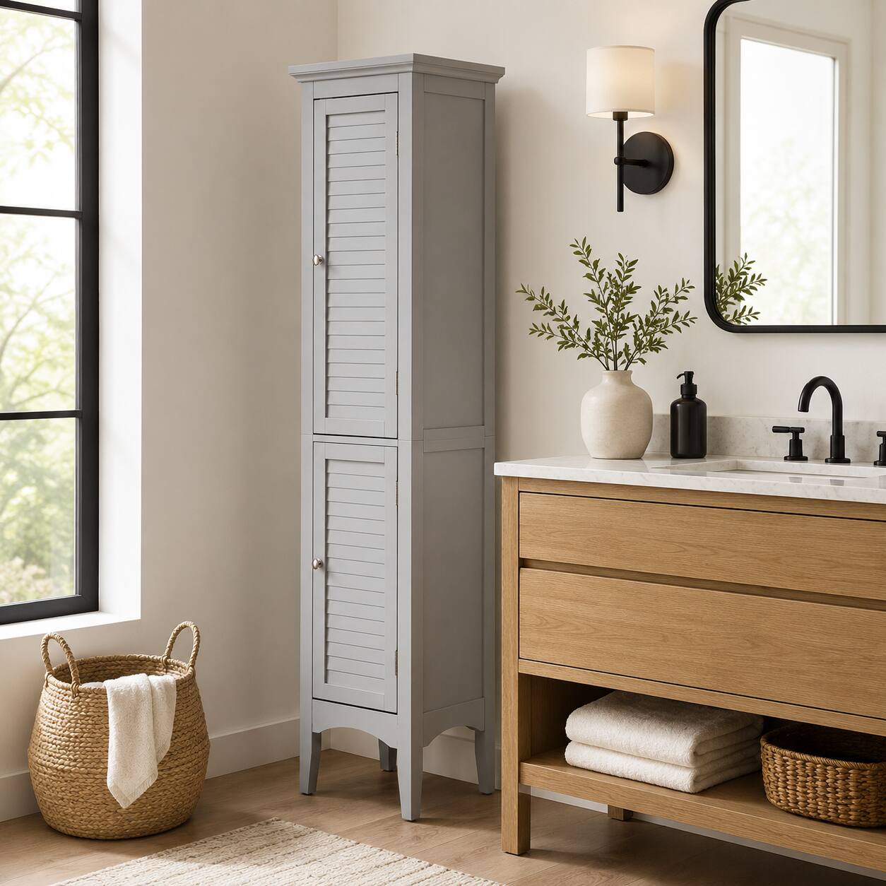 Front. Teamson Home - Teamson Home Glancy Freestanding Linen Tower with Two Faux Louvered Doors, Gray - Gray.