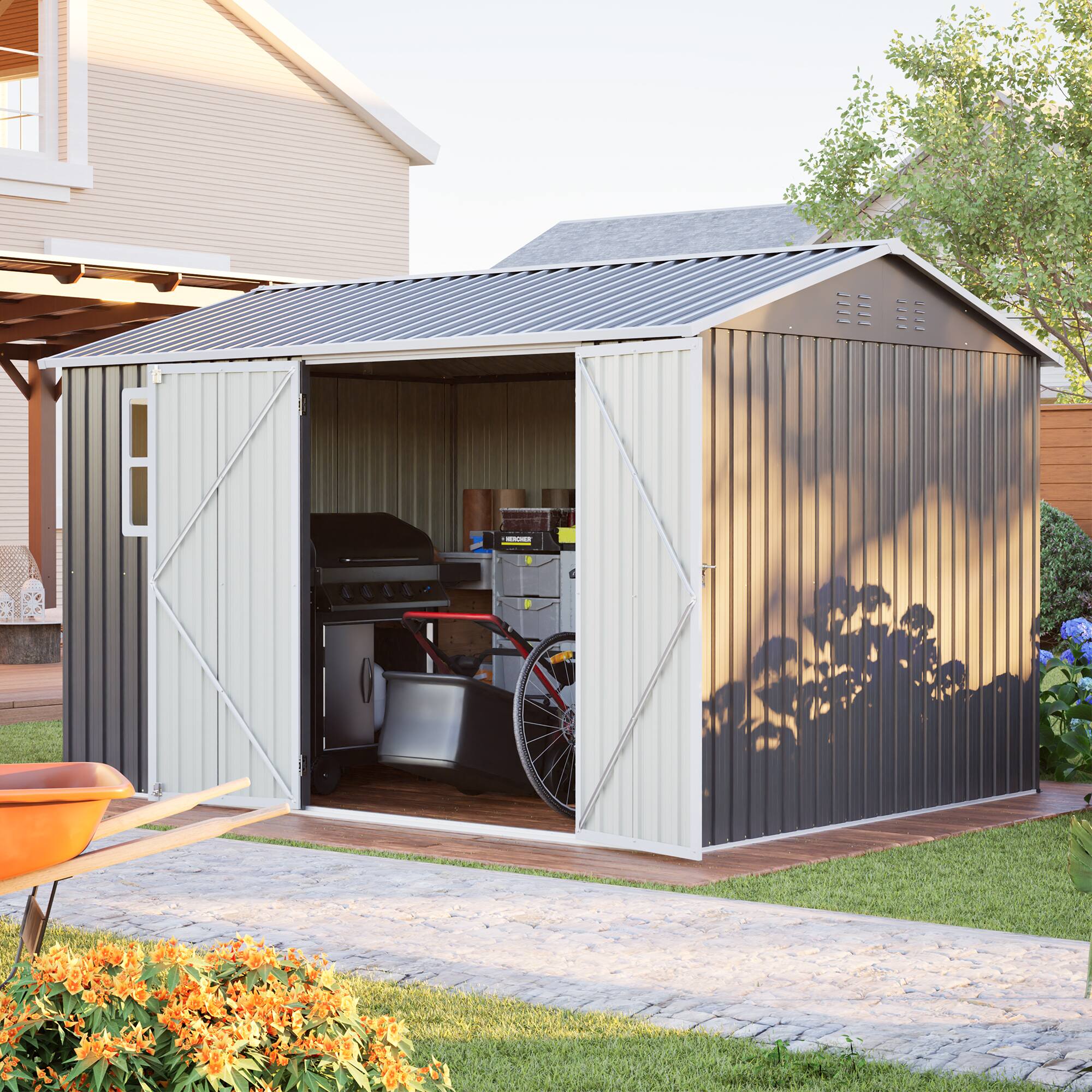 Angle. Mondawe - 10 x 8 ft Steel Storage Shed with Window Lockable Doors and Sloped Roof - Grey.